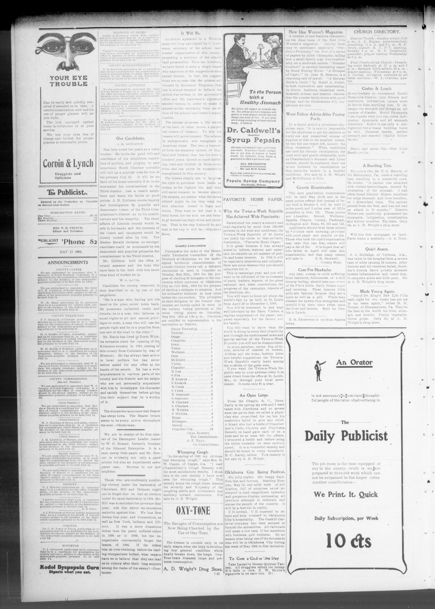The Chandler Publicist. (Chandler, Okla. Terr.), Vol. 11, No. 3, Ed. 1 Friday, May 13, 1904
                                                
                                                    [Sequence #]: 4 of 8
                                                
