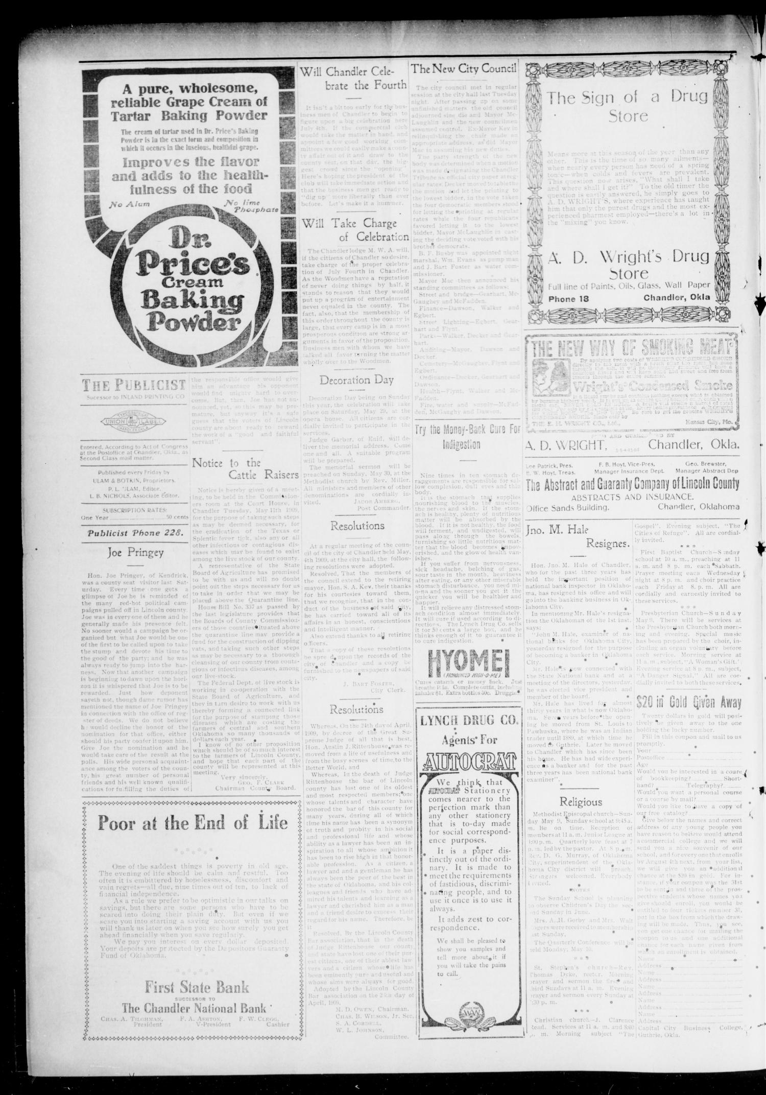 The Chandler Publicist (Chandler, Okla.), Vol. 16, No. 2, Ed. 1 Friday, May 7, 1909
                                                
                                                    [Sequence #]: 4 of 8
                                                