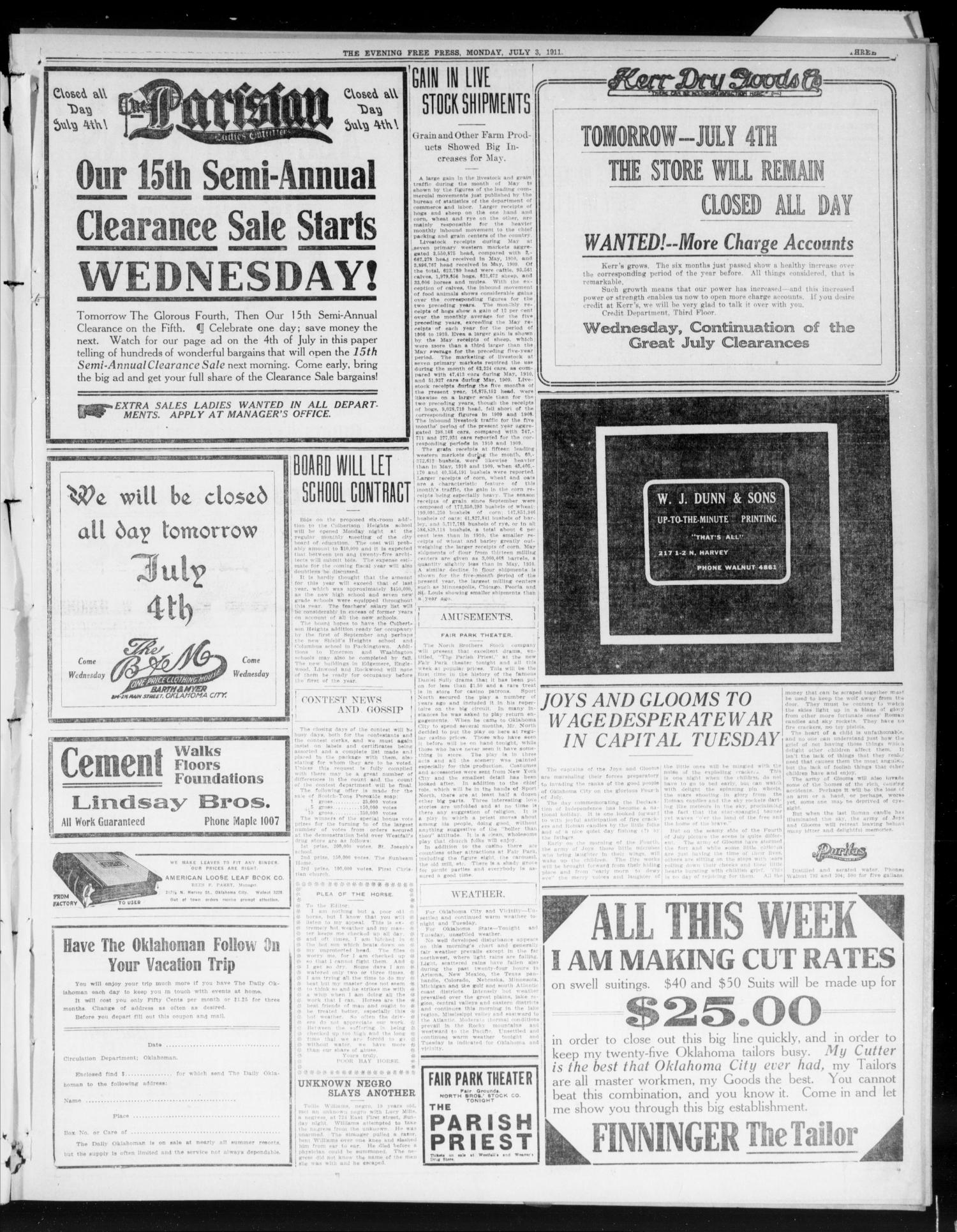 The Evening Free Press (Oklahoma City, Okla.), Vol. 1, No. 198, Ed. 1 Monday, July 3, 1911
                                                
                                                    [Sequence #]: 3 of 10
                                                