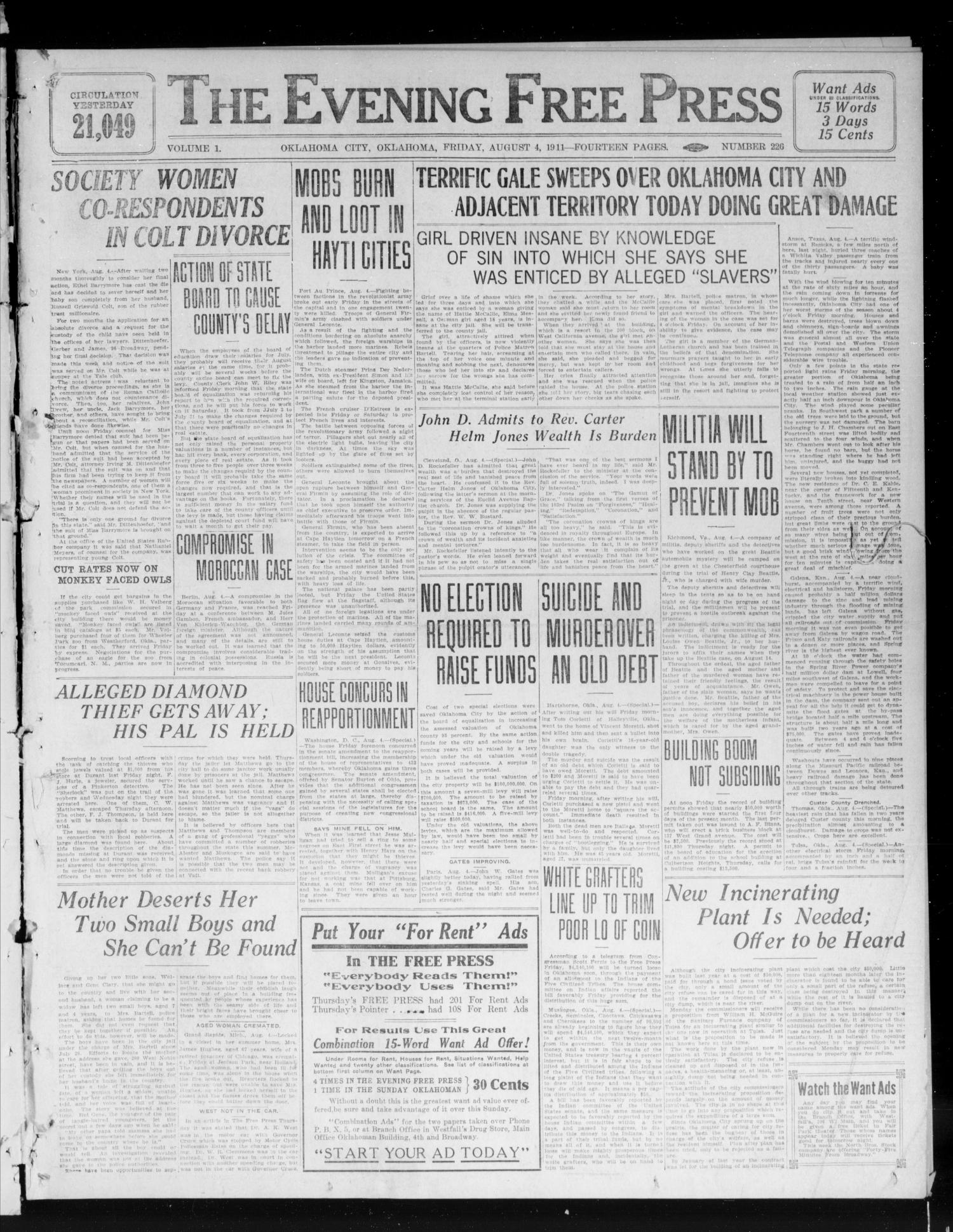 The Evening Free Press (Oklahoma City, Okla.), Vol. 1, No. 226, Ed. 1 Friday, August 4, 1911
                                                
                                                    [Sequence #]: 1 of 14
                                                