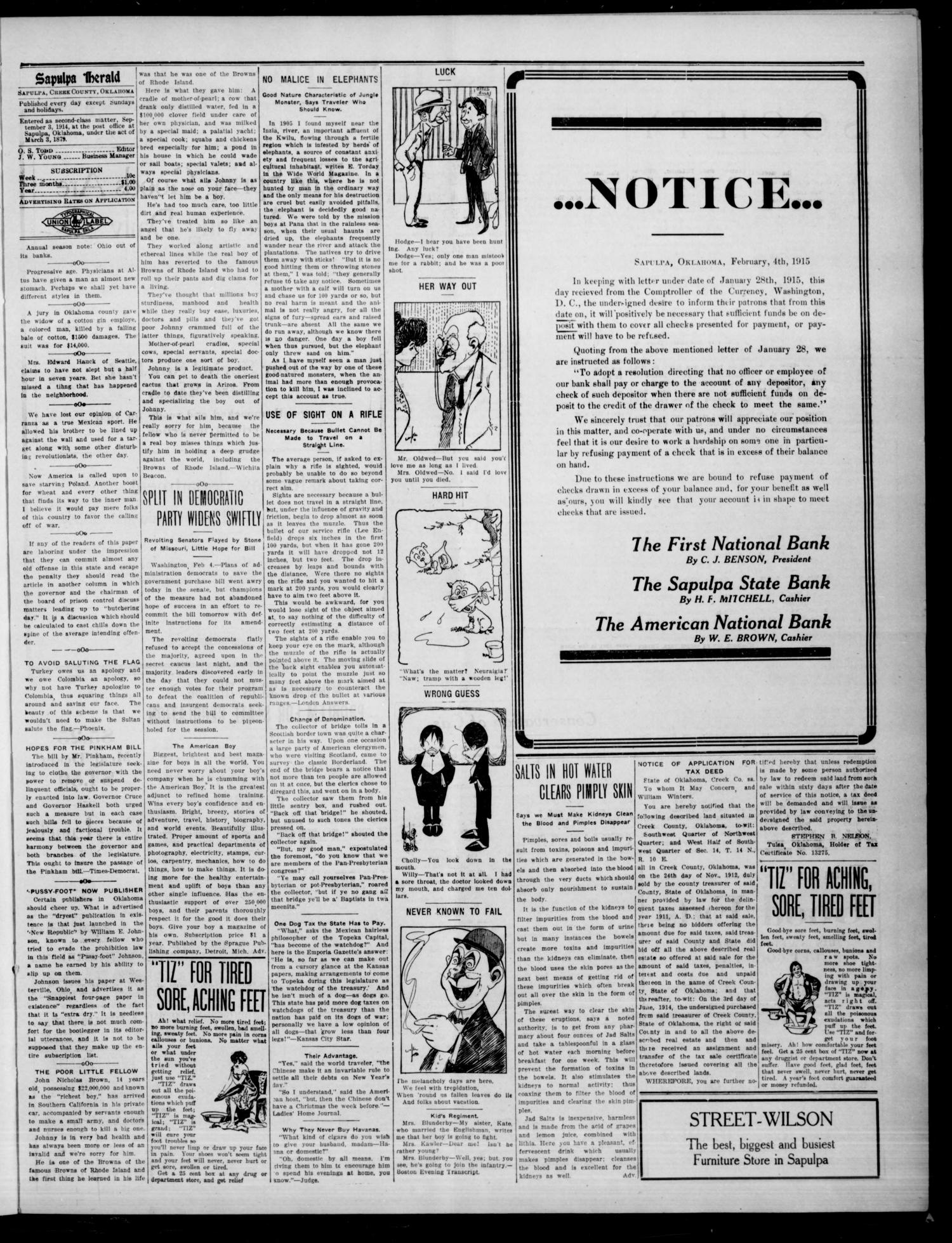 Sapulpa Herald (Sapulpa, Okla.), Vol. 1, No. 131, Ed. 1 Thursday, February 4, 1915
                                                
                                                    [Sequence #]: 3 of 4
                                                