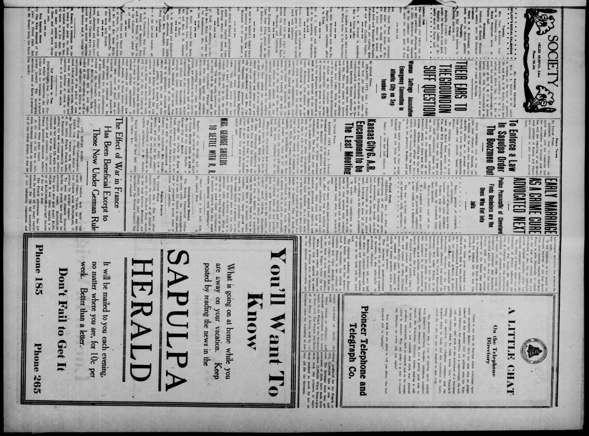 Sapulpa Herald (Sapulpa, Okla.), Vol. 2, No. 283, Ed. 1 Wednesday, August 2, 1916
                                                
                                                    [Sequence #]: 3 of 4
                                                