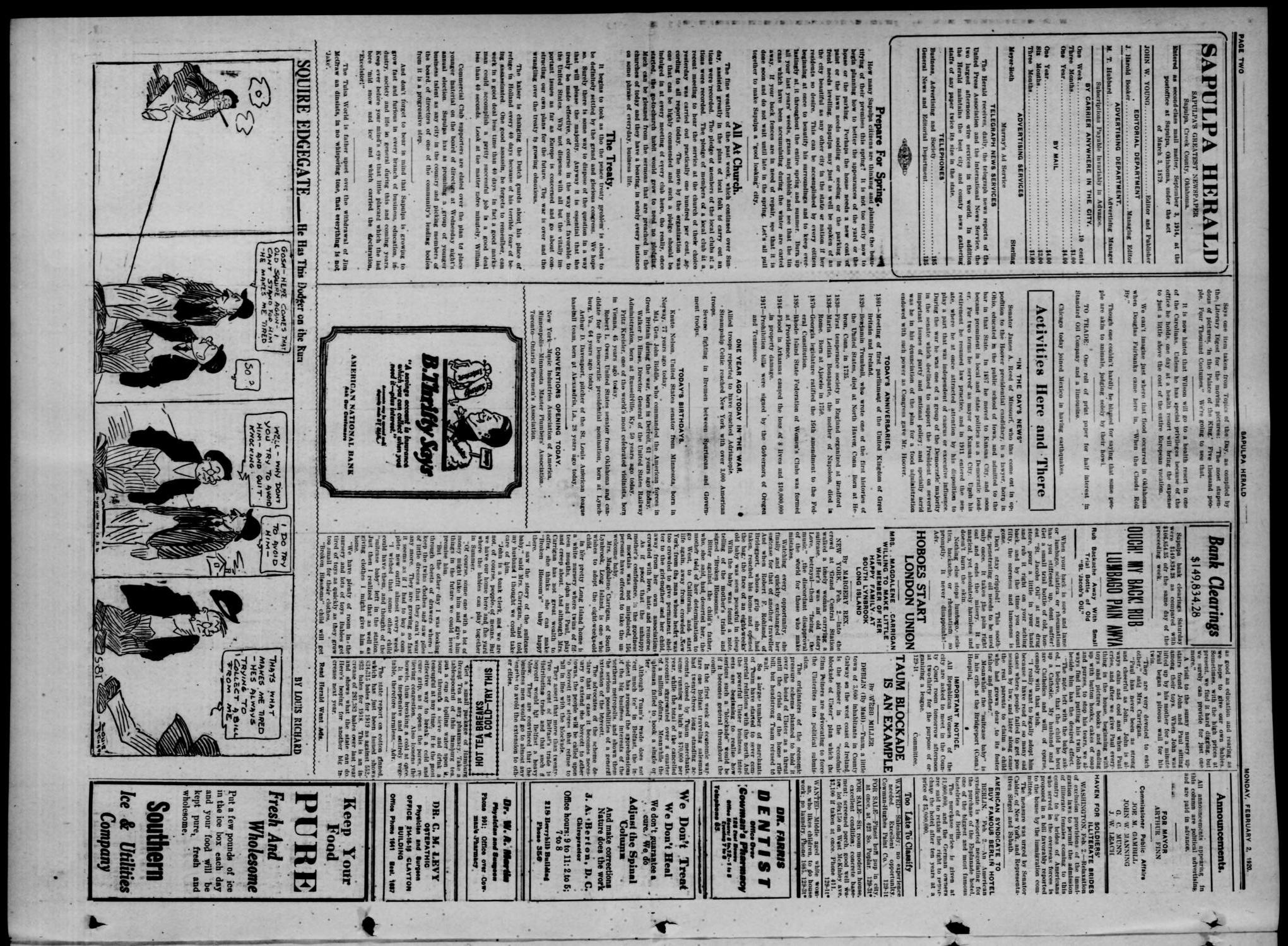 Sapulpa Herald (Sapulpa, Okla.), Vol. 6, No. 129, Ed. 1 Monday, February 2, 1920
                                                
                                                    [Sequence #]: 2 of 4
                                                