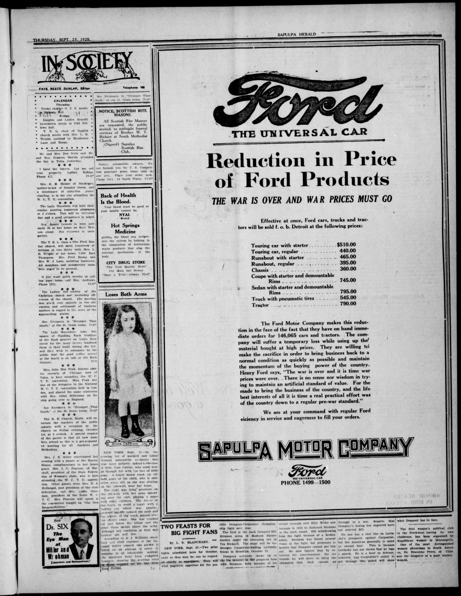 Sapulpa Herald (Sapulpa, Okla.), Vol. 7, No. 19, Ed. 1 Thursday, September 23, 1920
                                                
                                                    [Sequence #]: 3 of 6
                                                