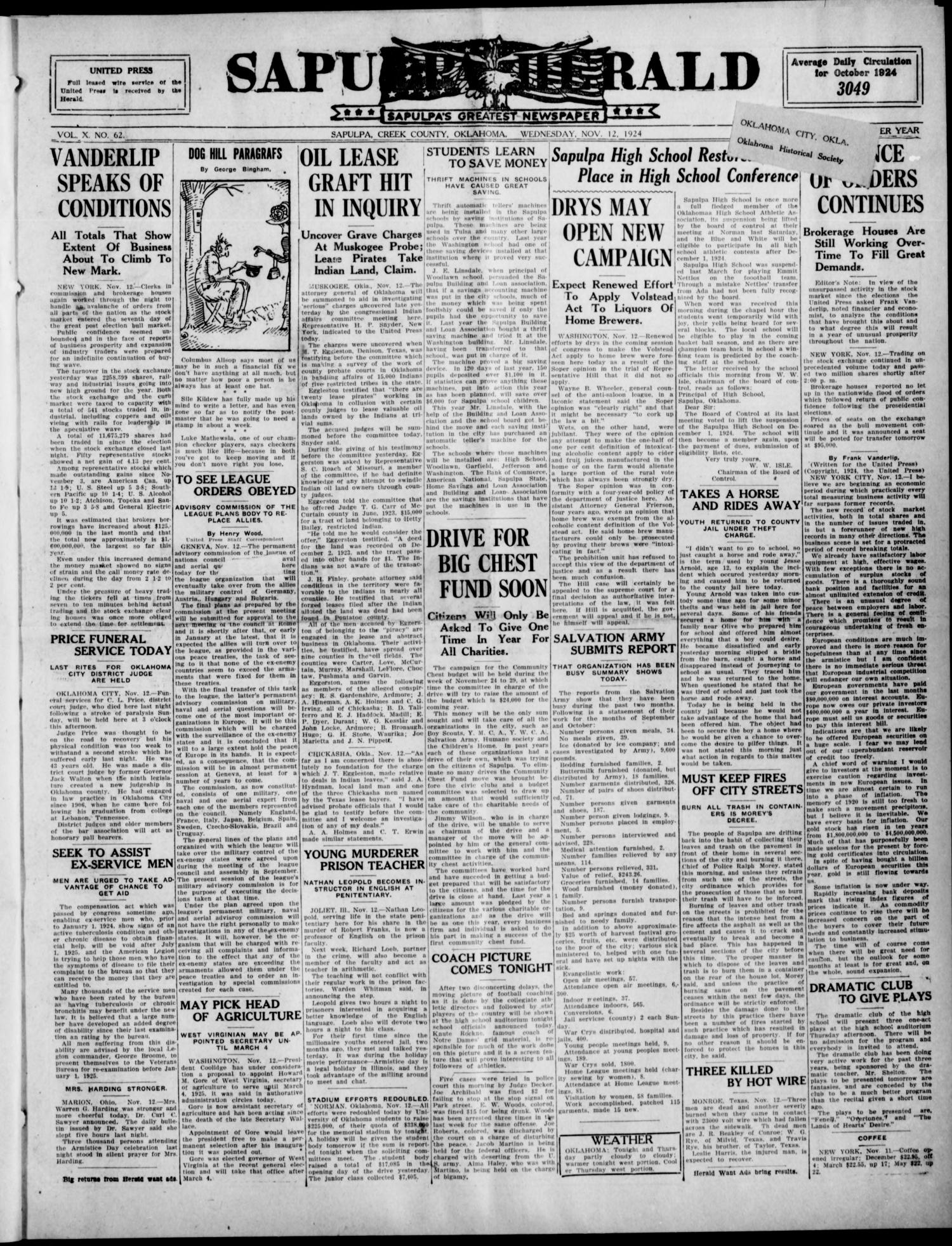 Sapulpa Herald (Sapulpa, Okla.), Vol. 10, No. 62, Ed. 1 Wednesday, November 12, 1924
                                                
                                                    [Sequence #]: 1 of 6
                                                