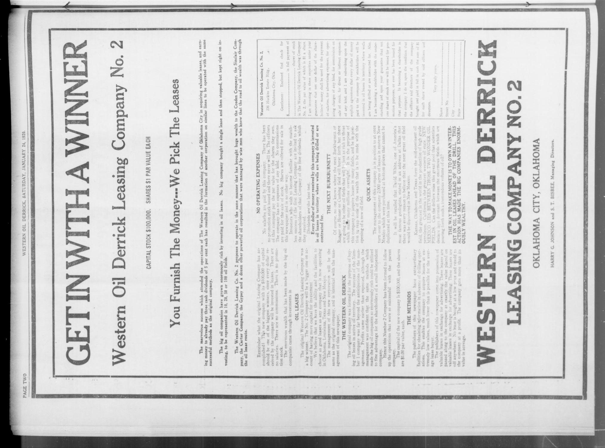 Western Oil Derrick (Oklahoma City, Okla.), Vol. 3, No. 4, Ed. 1 Saturday, January 24, 1920
                                                
                                                    [Sequence #]: 2 of 4
                                                