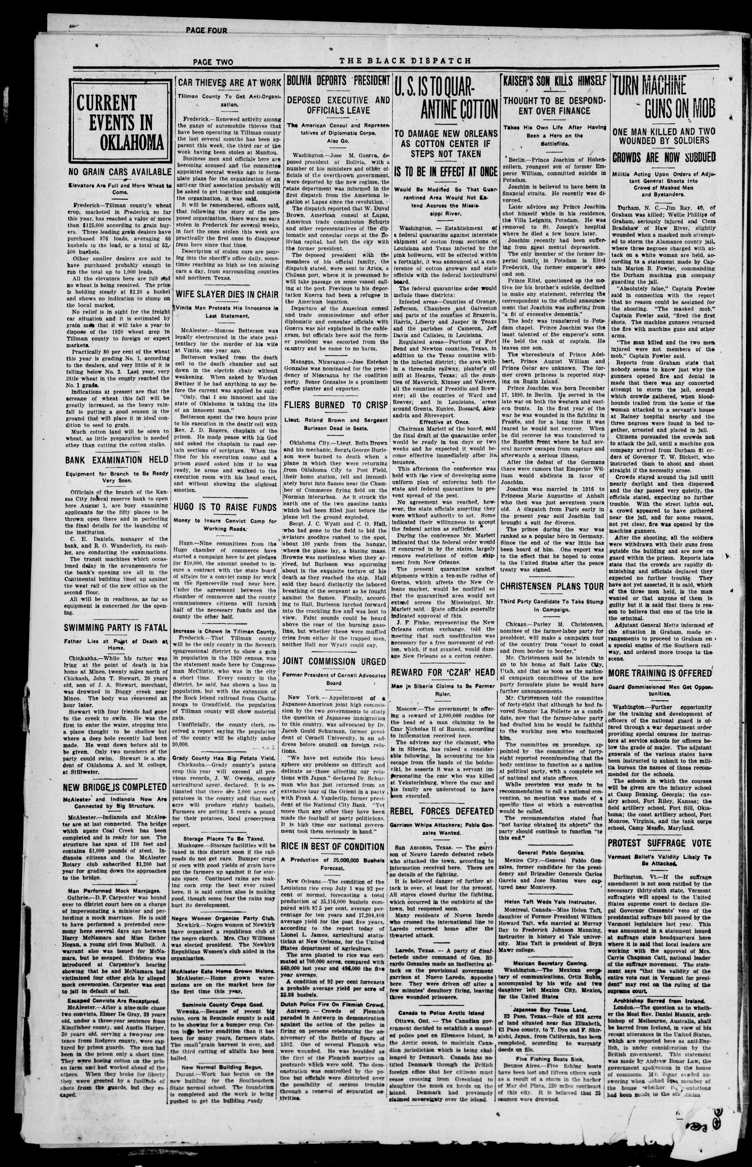 The Black Dispatch (Oklahoma City, Okla.), Vol. 5, No. 34, Ed. 1 Friday, July 23, 1920
                                                
                                                    [Sequence #]: 2 of 8
                                                