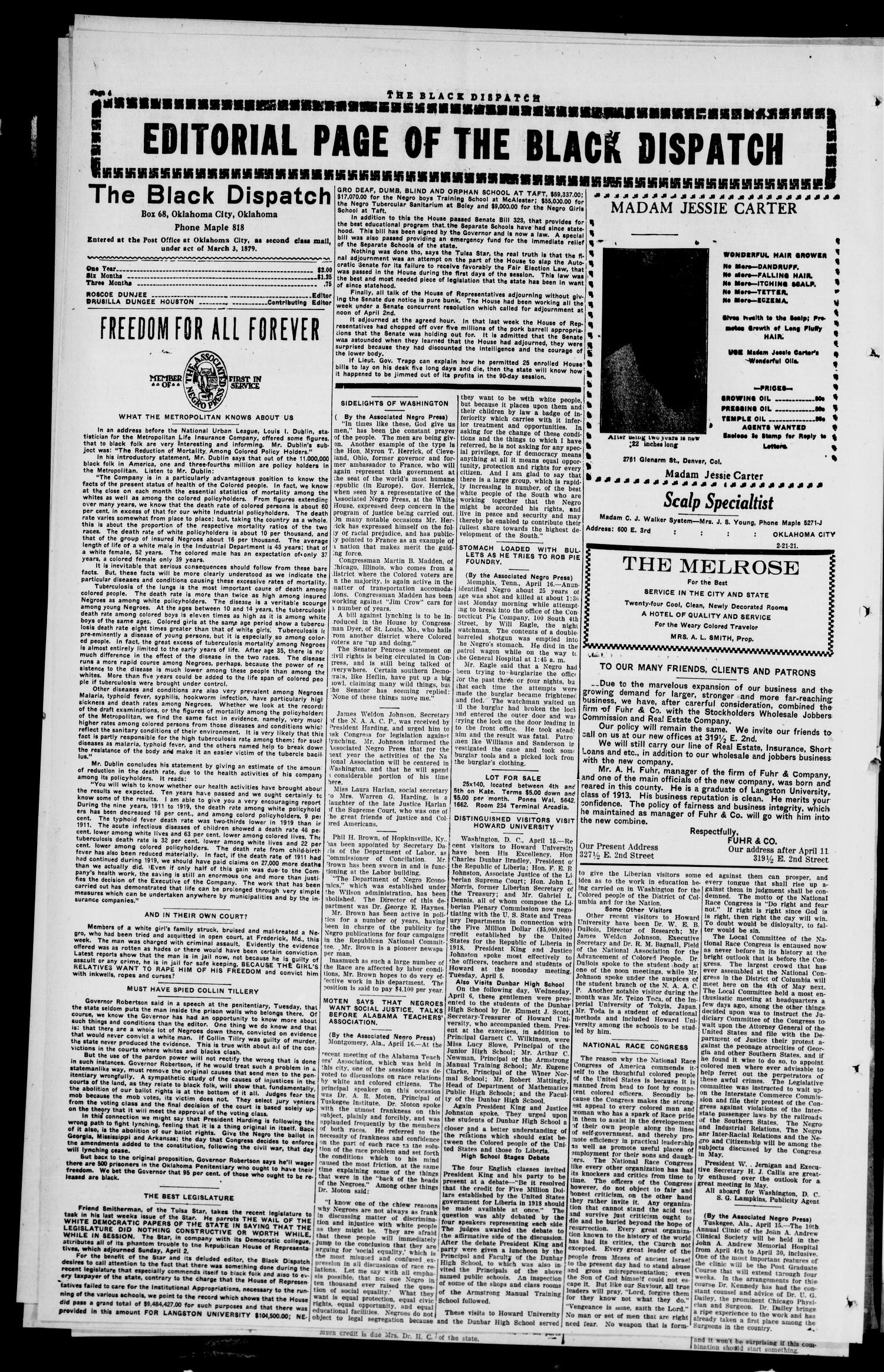 The Black Dispatch (Oklahoma City, Okla.), Vol. 6, No. 19, Ed. 1 Friday, April 15, 1921
                                                
                                                    [Sequence #]: 4 of 8
                                                