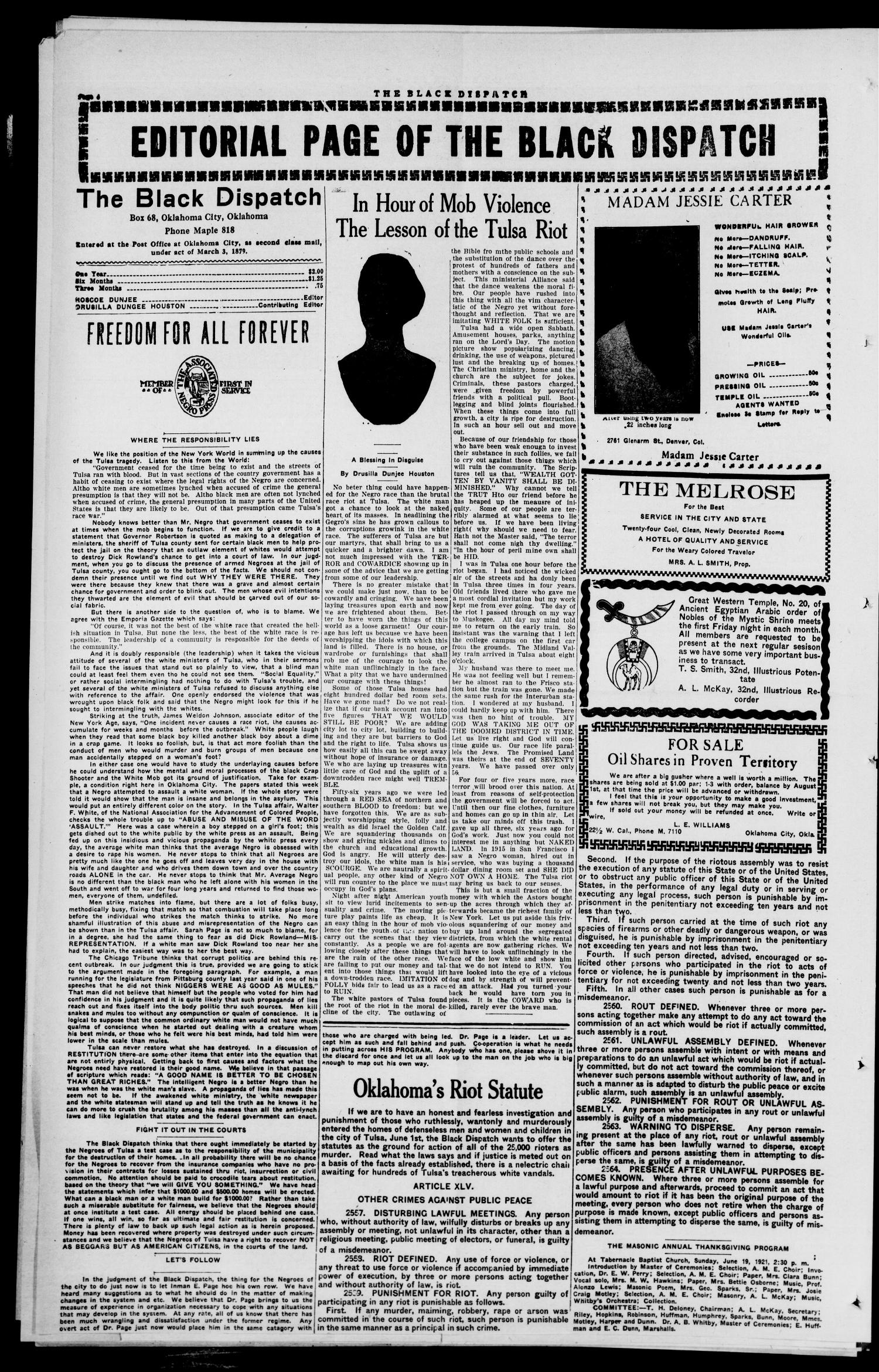 The Black Dispatch (Oklahoma City, Okla.), Vol. 6, No. 28, Ed. 1 Friday, June 17, 1921
                                                
                                                    [Sequence #]: 4 of 8
                                                