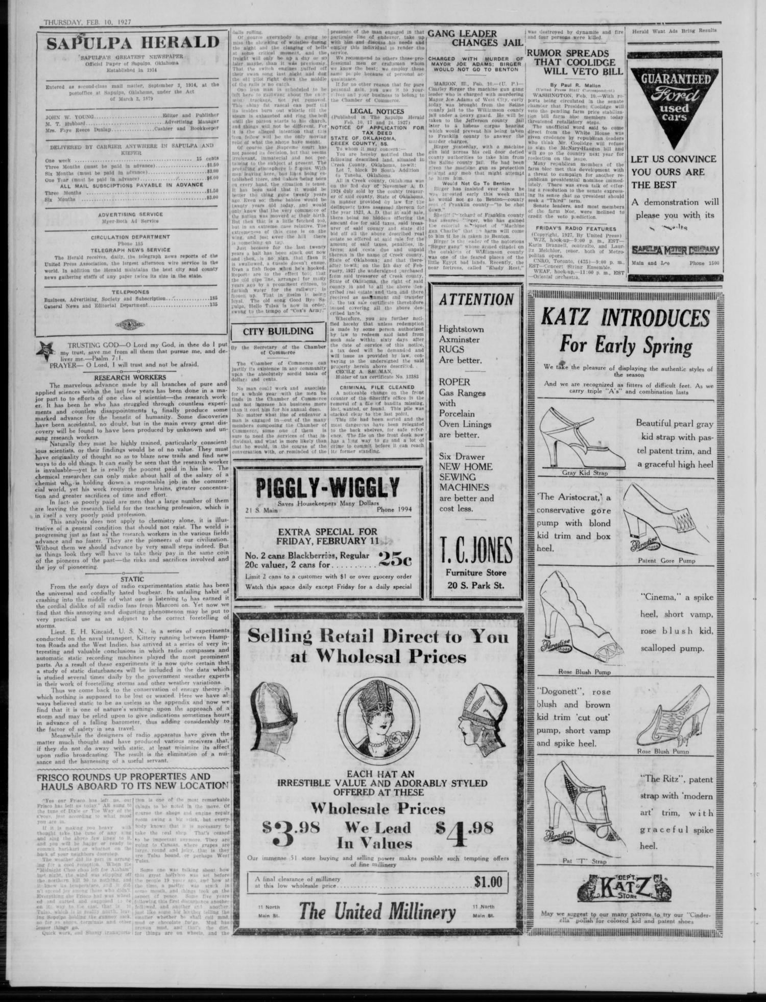 Sapulpa Herald (Sapulpa, Okla.), Vol. 13, No. 136, Ed. 1 Thursday, February 10, 1927
                                                
                                                    [Sequence #]: 2 of 6
                                                