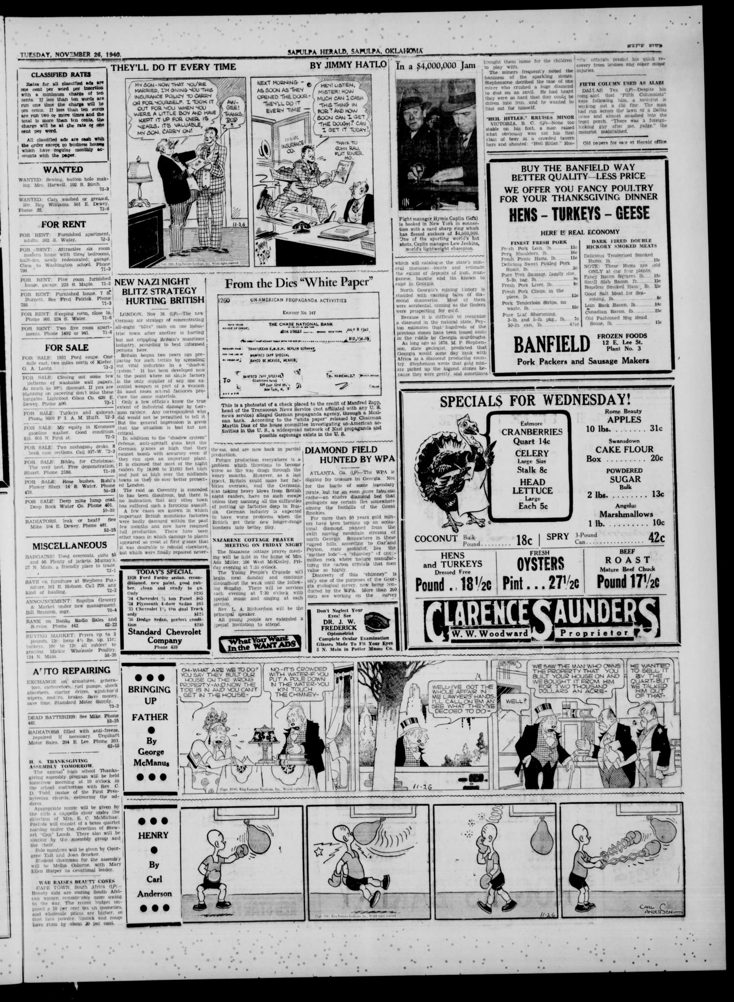 Sapulpa Herald (Sapulpa, Okla.), Vol. 26, No. 73, Ed. 1 Tuesday, November 26, 1940
                                                
                                                    [Sequence #]: 5 of 6
                                                