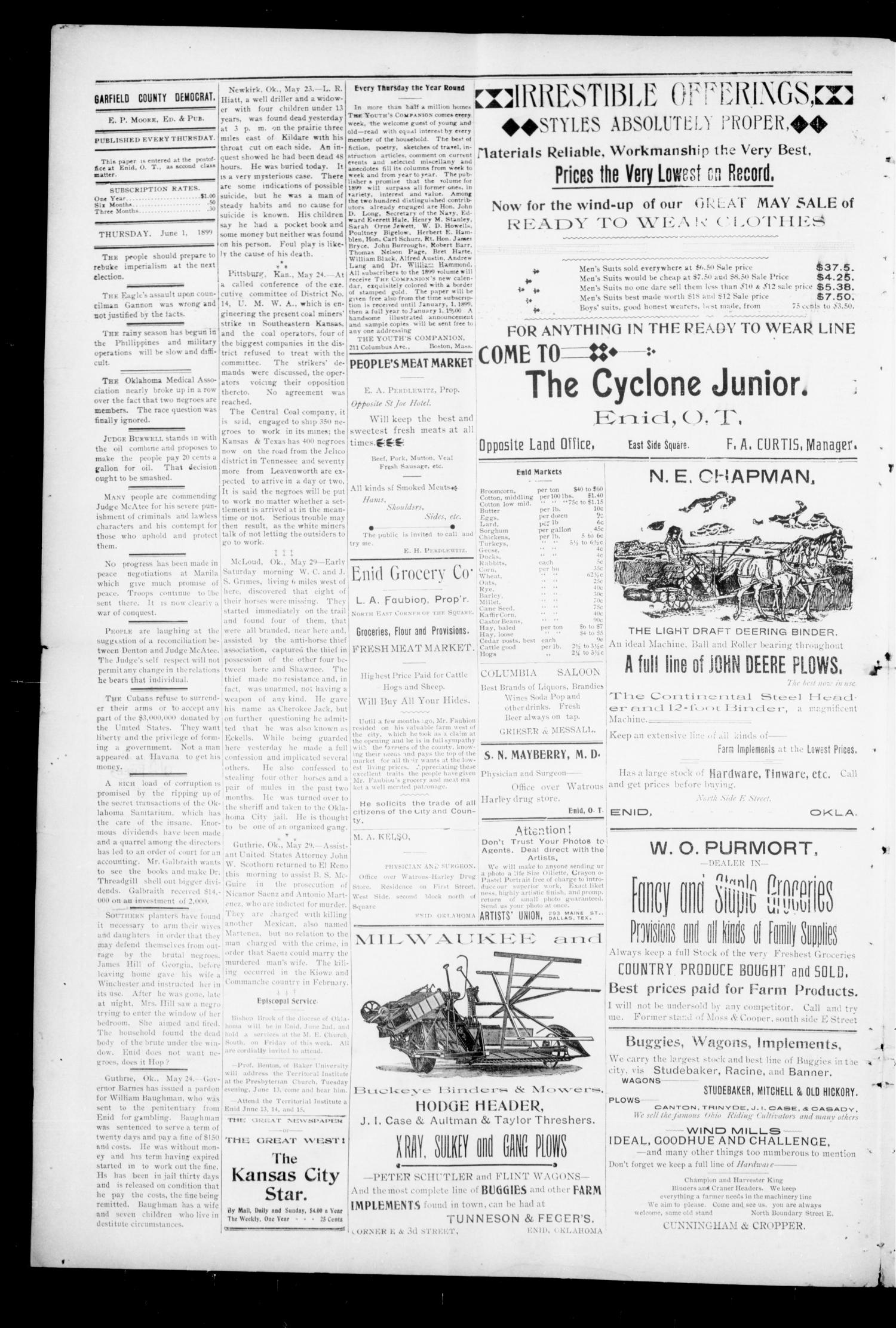 Garfield County Democrat. (Enid, Okla.), Vol. 2, No. 25, Ed. 1 Thursday, June 1, 1899
                                                
                                                    [Sequence #]: 4 of 8
                                                