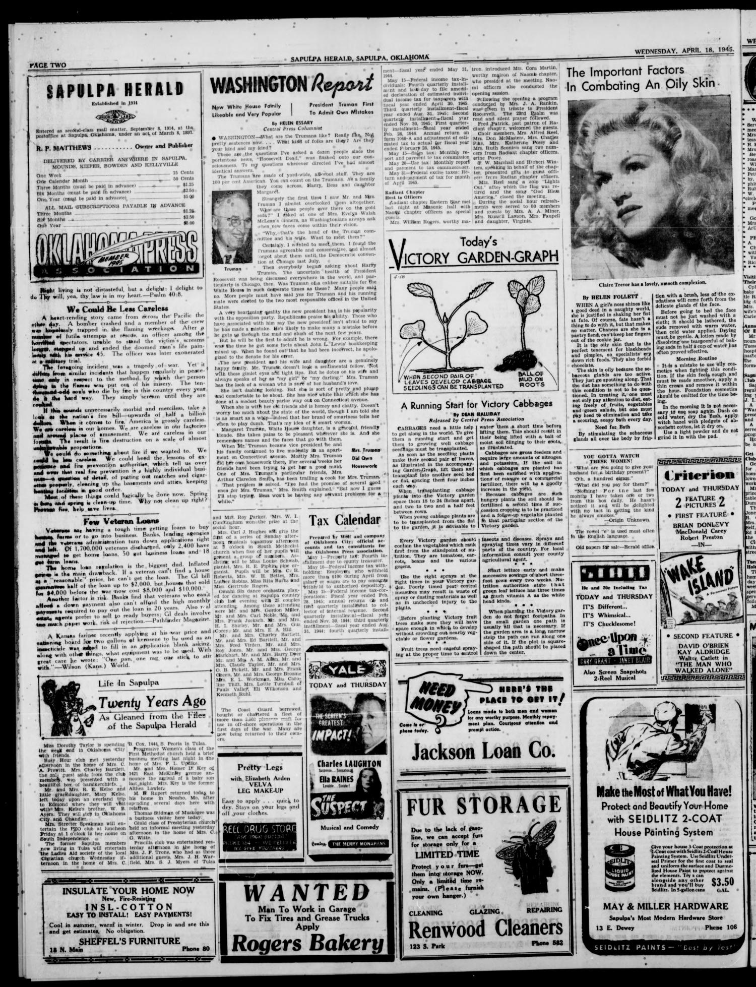Sapulpa Herald (Sapulpa, Okla.), Vol. 30, No. 193, Ed. 1 Wednesday, April 18, 1945
                                                
                                                    [Sequence #]: 2 of 6
                                                
