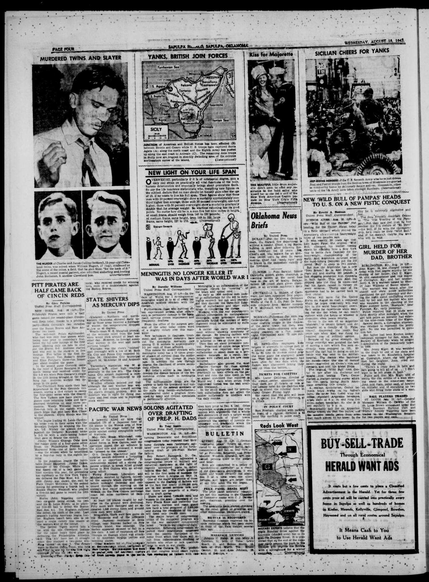 Sapulpa Herald (Sapulpa, Okla.), Vol. 28, No. 296, Ed. 1 Wednesday, August 18, 1943
                                                
                                                    [Sequence #]: 4 of 6
                                                
