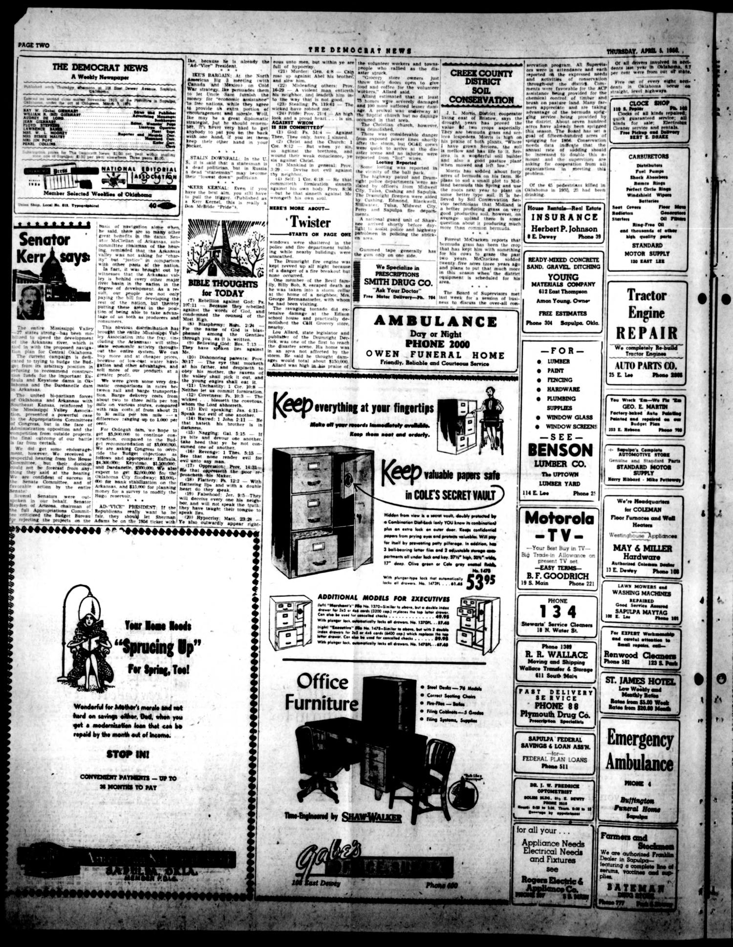 The Democrat News (Sapulpa, Okla.), Vol. 46, No. 23, Ed. 1 Thursday, April 5, 1956
                                                
                                                    [Sequence #]: 2 of 6
                                                
