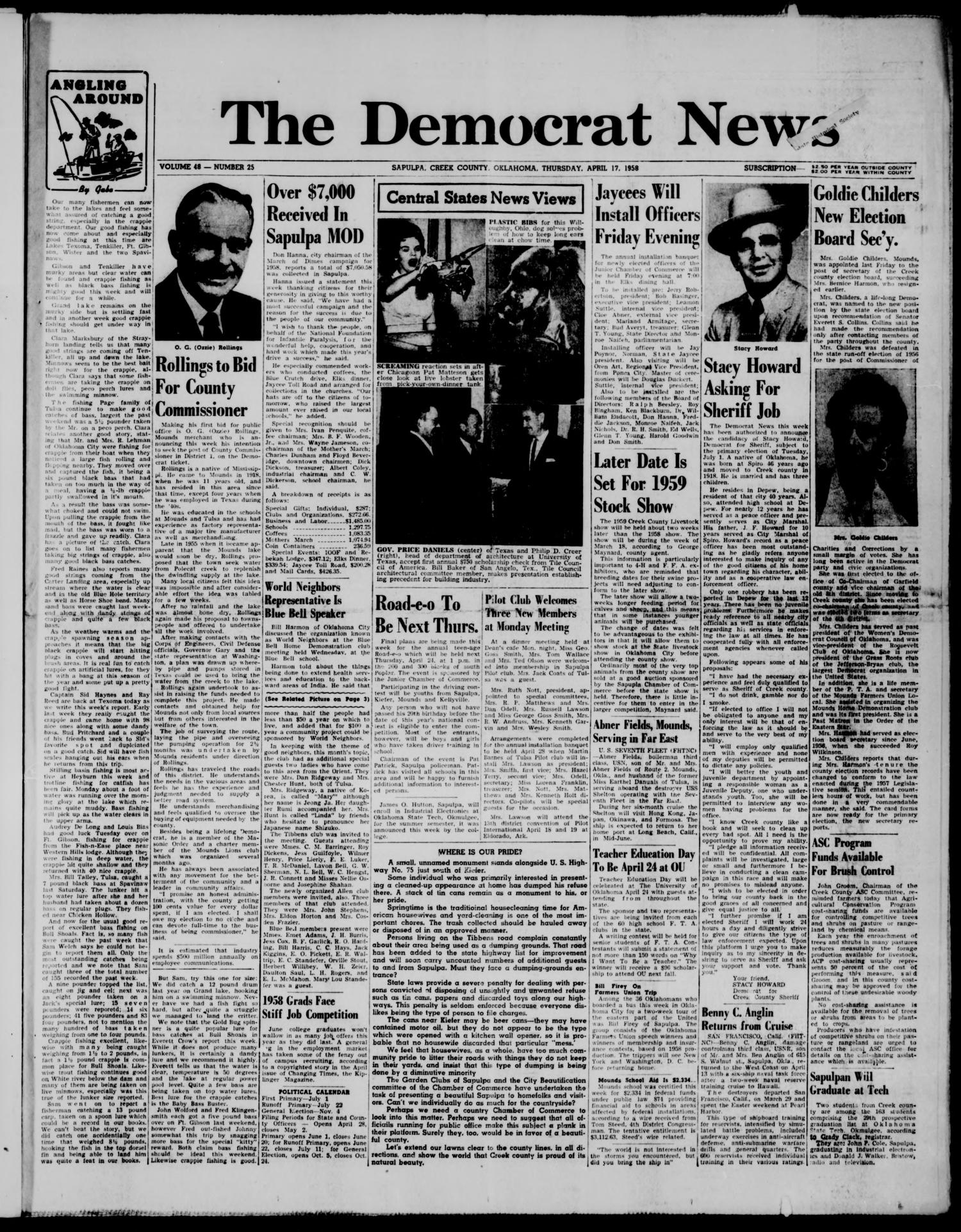 The Democrat News (Sapulpa, Okla.), Vol. 48, No. 25, Ed. 1 Thursday, April 17, 1958
                                                
                                                    [Sequence #]: 1 of 6
                                                