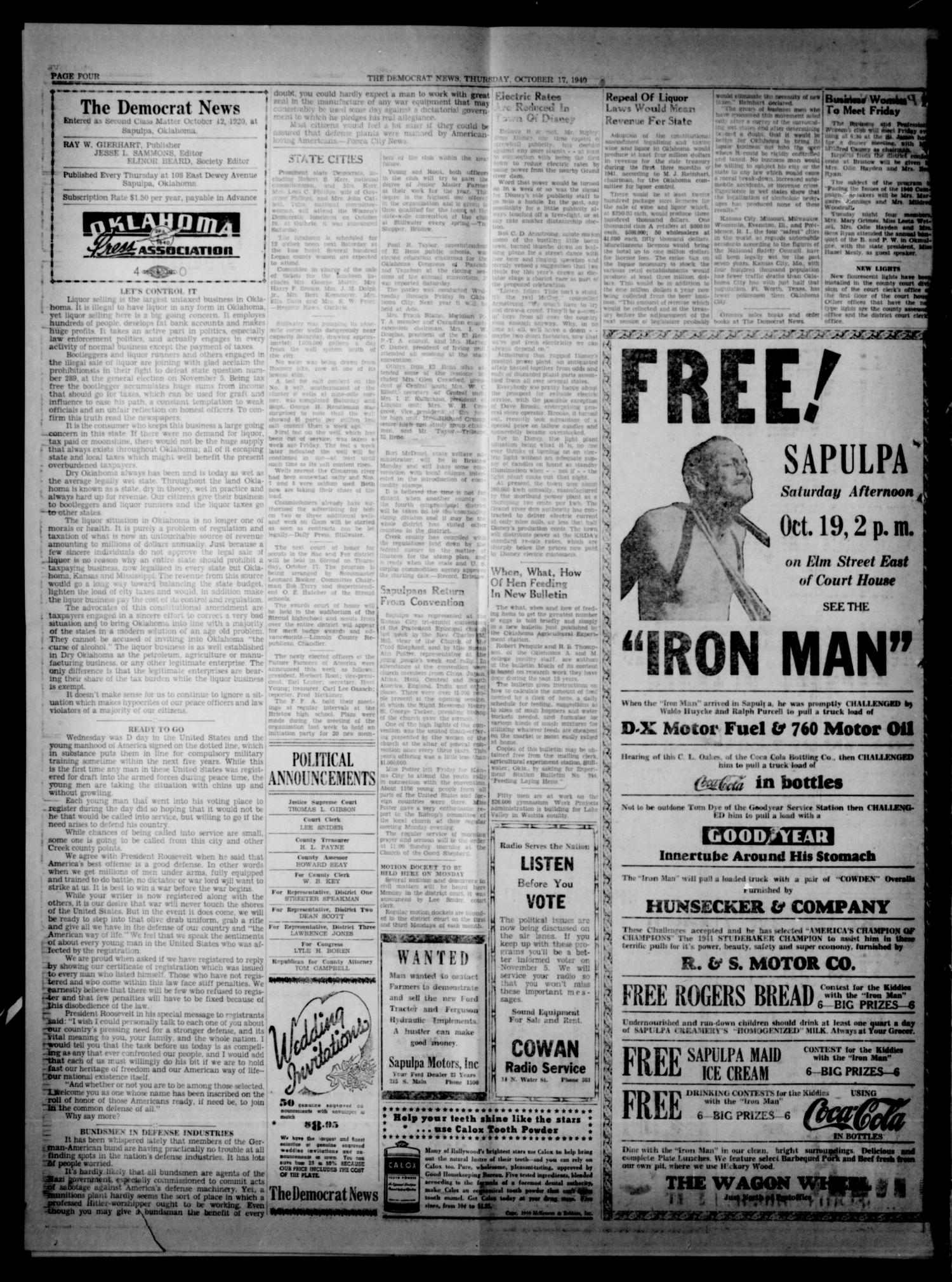 The Democrat News (Sapulpa, Okla.), Vol. 29, No. 49, Ed. 1 Thursday, October 17, 1940
                                                
                                                    [Sequence #]: 4 of 12
                                                