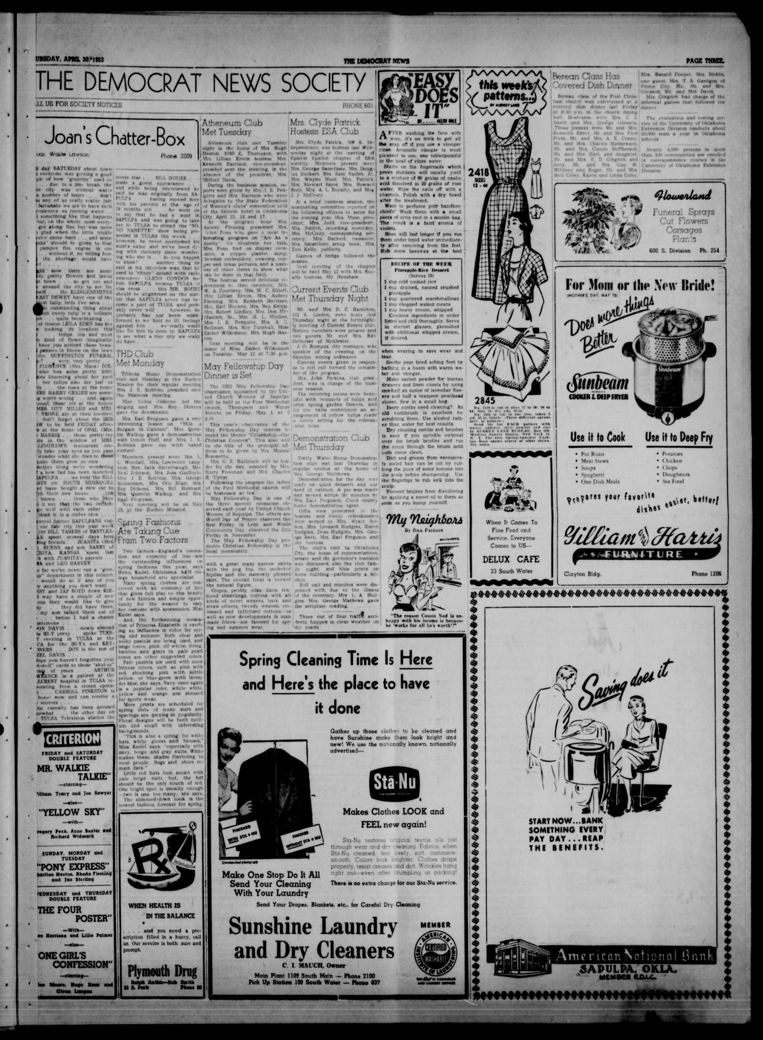 The Democrat News (Sapulpa, Okla.), Vol. 43, No. 26, Ed. 1 Thursday, April 30, 1953
                                                
                                                    [Sequence #]: 3 of 6
                                                