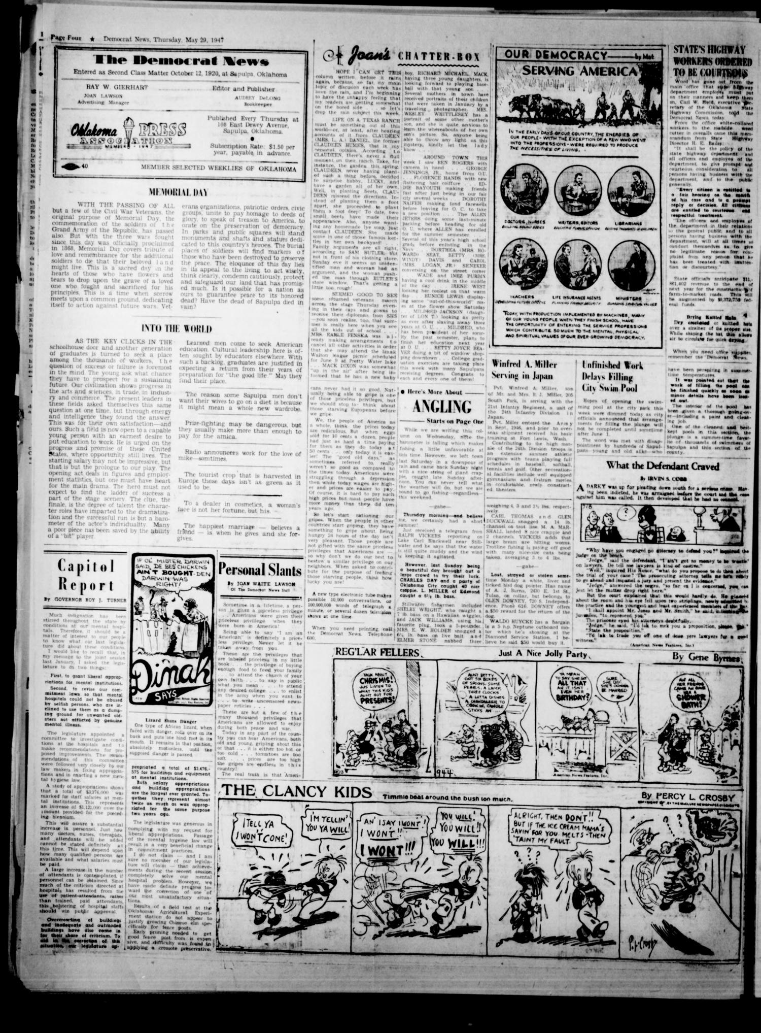 The Democrat News (Sapulpa, Okla.), Vol. 37, No. 28, Ed. 1 Thursday, May 29, 1947
                                                
                                                    [Sequence #]: 4 of 6
                                                