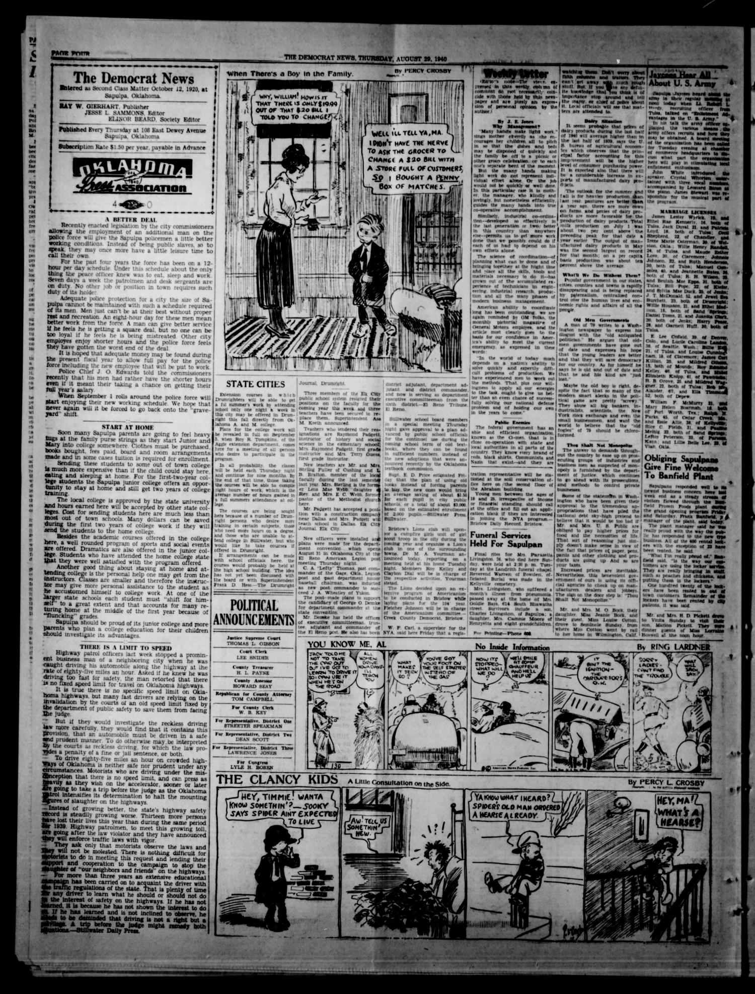 The Democrat News (Sapulpa, Okla.), Vol. 29, No. 42, Ed. 1 Thursday, August 29, 1940
                                                
                                                    [Sequence #]: 4 of 6
                                                