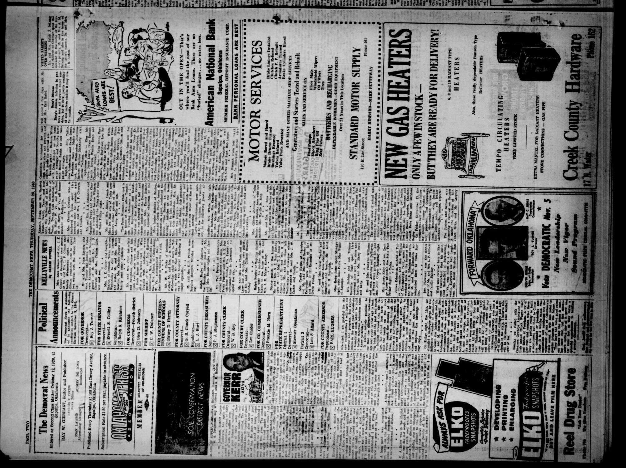 The Democrat News (Sapulpa, Okla.), Vol. 36, No. 46, Ed. 1 Thursday, September 26, 1946
                                                
                                                    [Sequence #]: 2 of 6
                                                