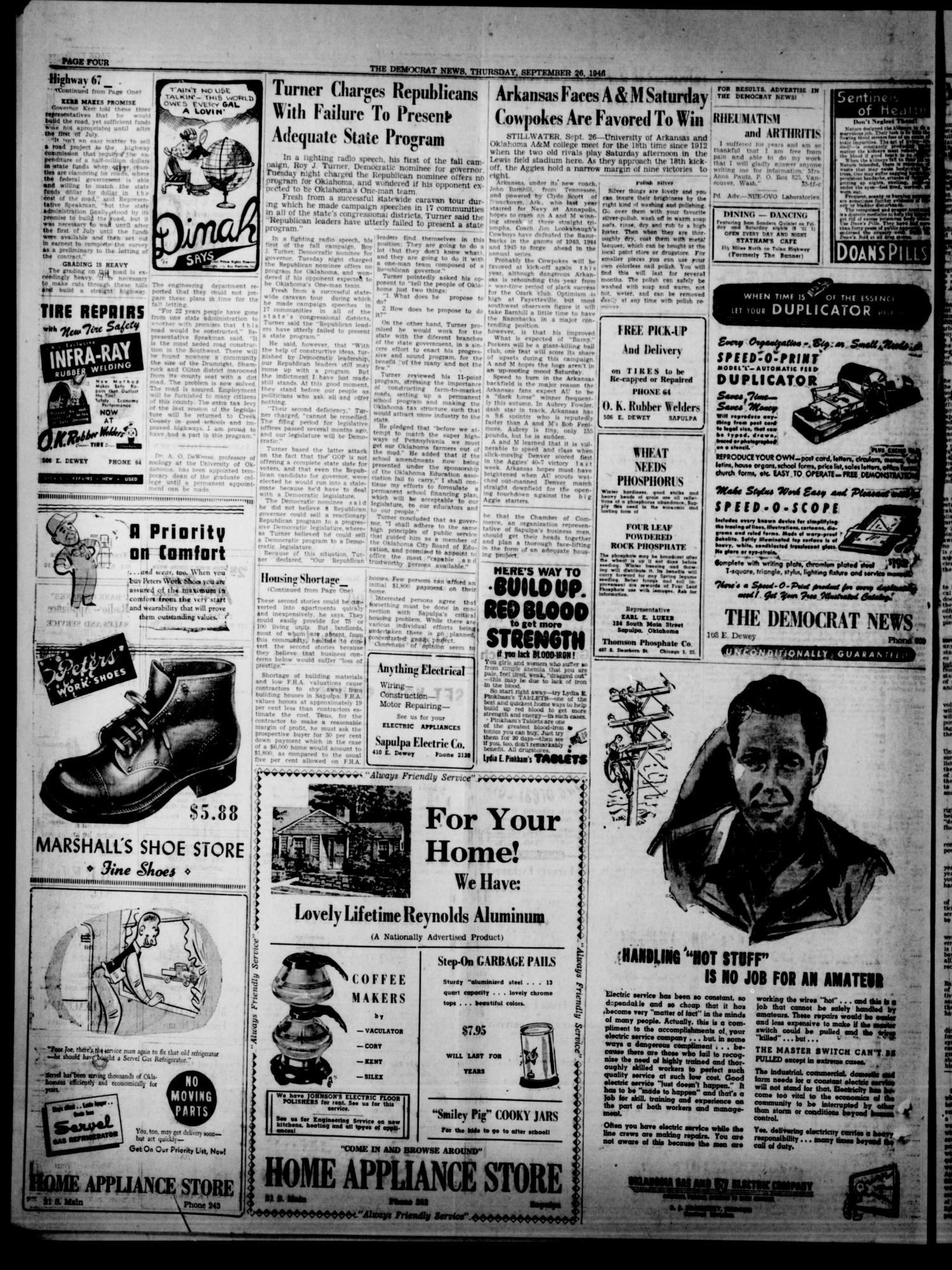 The Democrat News (Sapulpa, Okla.), Vol. 36, No. 46, Ed. 1 Thursday, September 26, 1946
                                                
                                                    [Sequence #]: 4 of 6
                                                