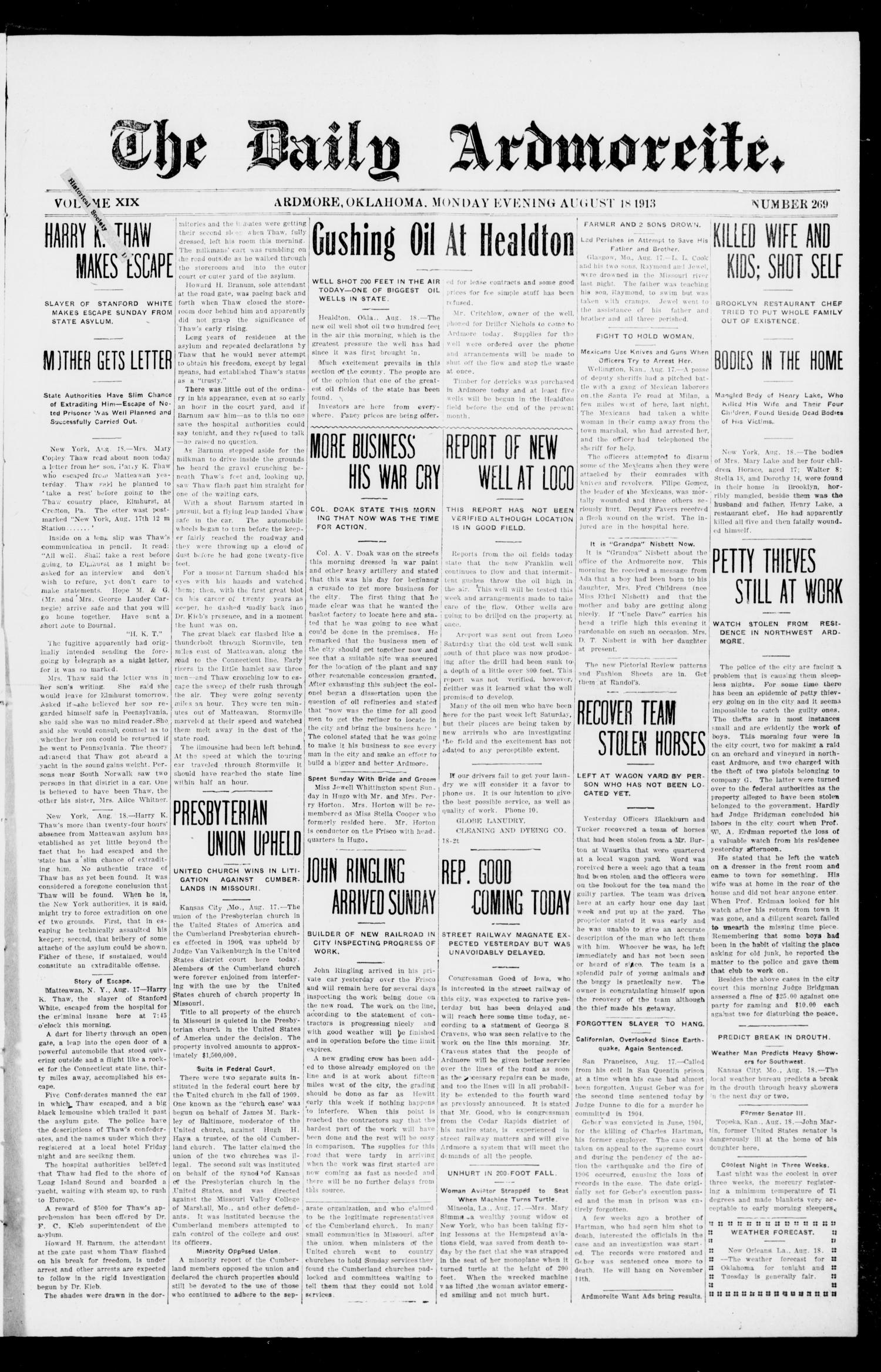 The Daily Ardmoreite. (Ardmore, Okla.), Vol. 19, No. 269, Ed. 1 Monday, August 18, 1913
                                                
                                                    [Sequence #]: 1 of 8
                                                