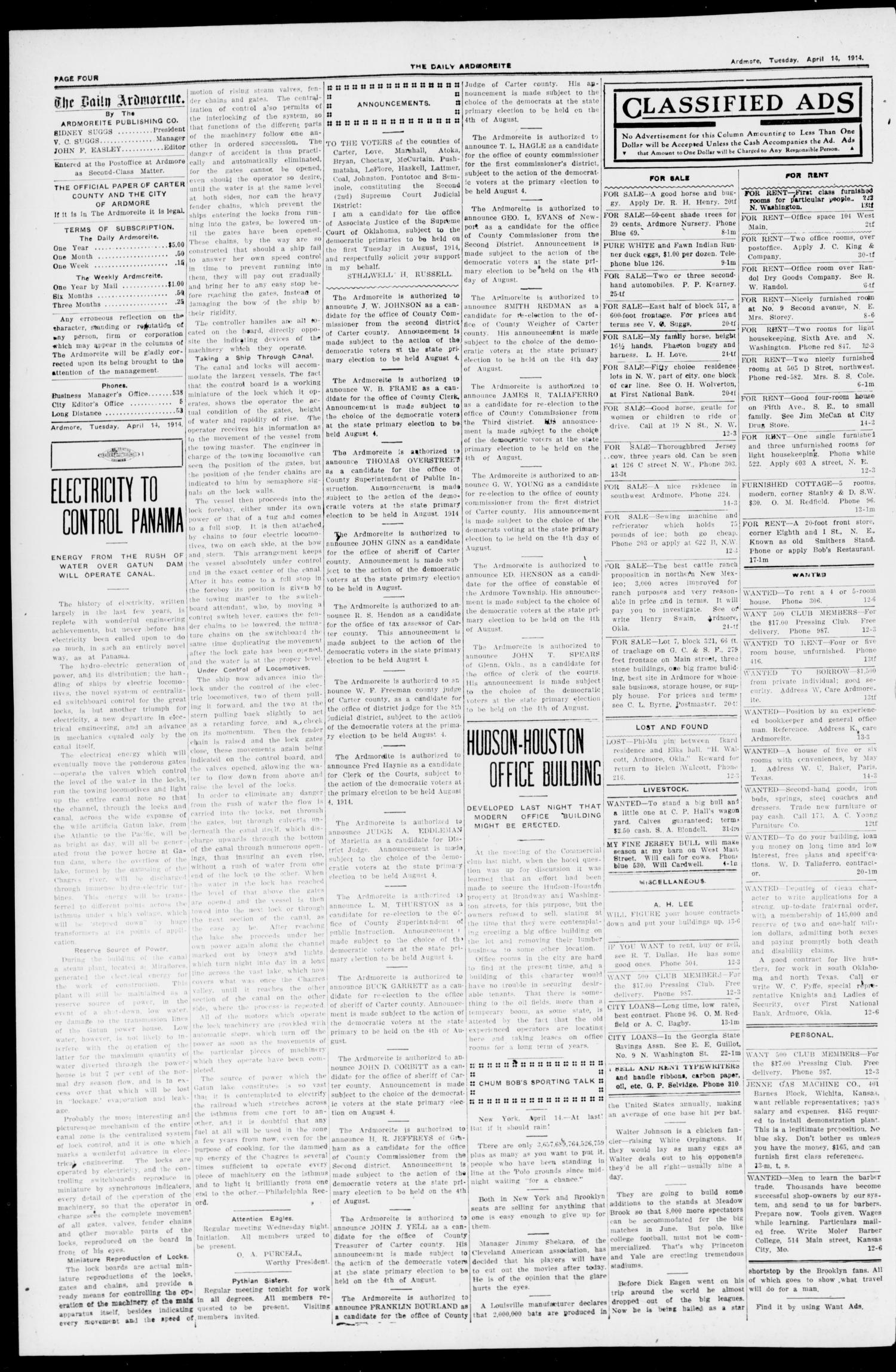 The Daily Ardmoreite. (Ardmore, Okla.), Vol. 20, No. 160, Ed. 1 Tuesday, April 14, 1914
                                                
                                                    [Sequence #]: 4 of 8
                                                