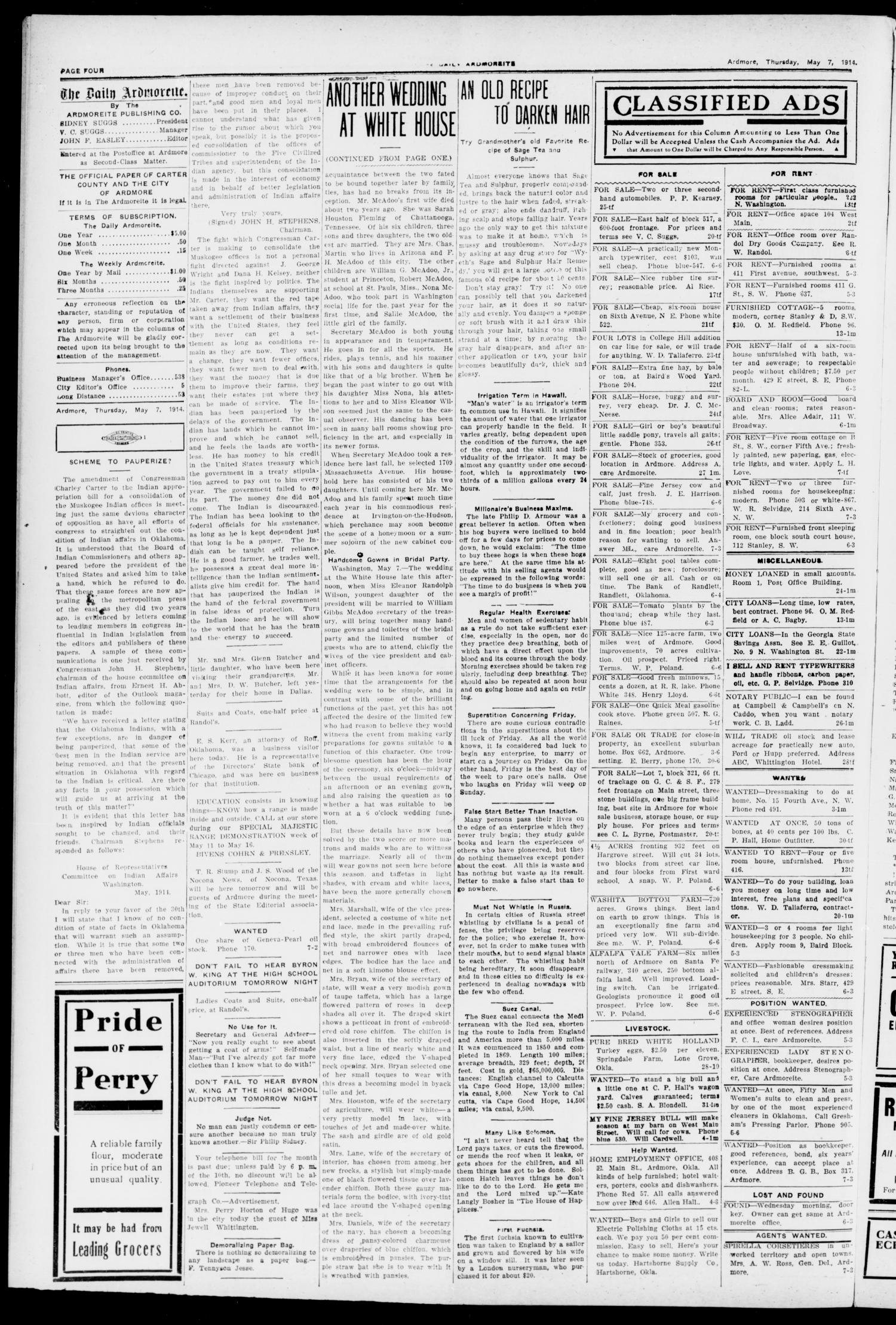 The Daily Ardmoreite. (Ardmore, Okla.), Vol. 20, No. 180, Ed. 1 Thursday, May 7, 1914
                                                
                                                    [Sequence #]: 4 of 8
                                                