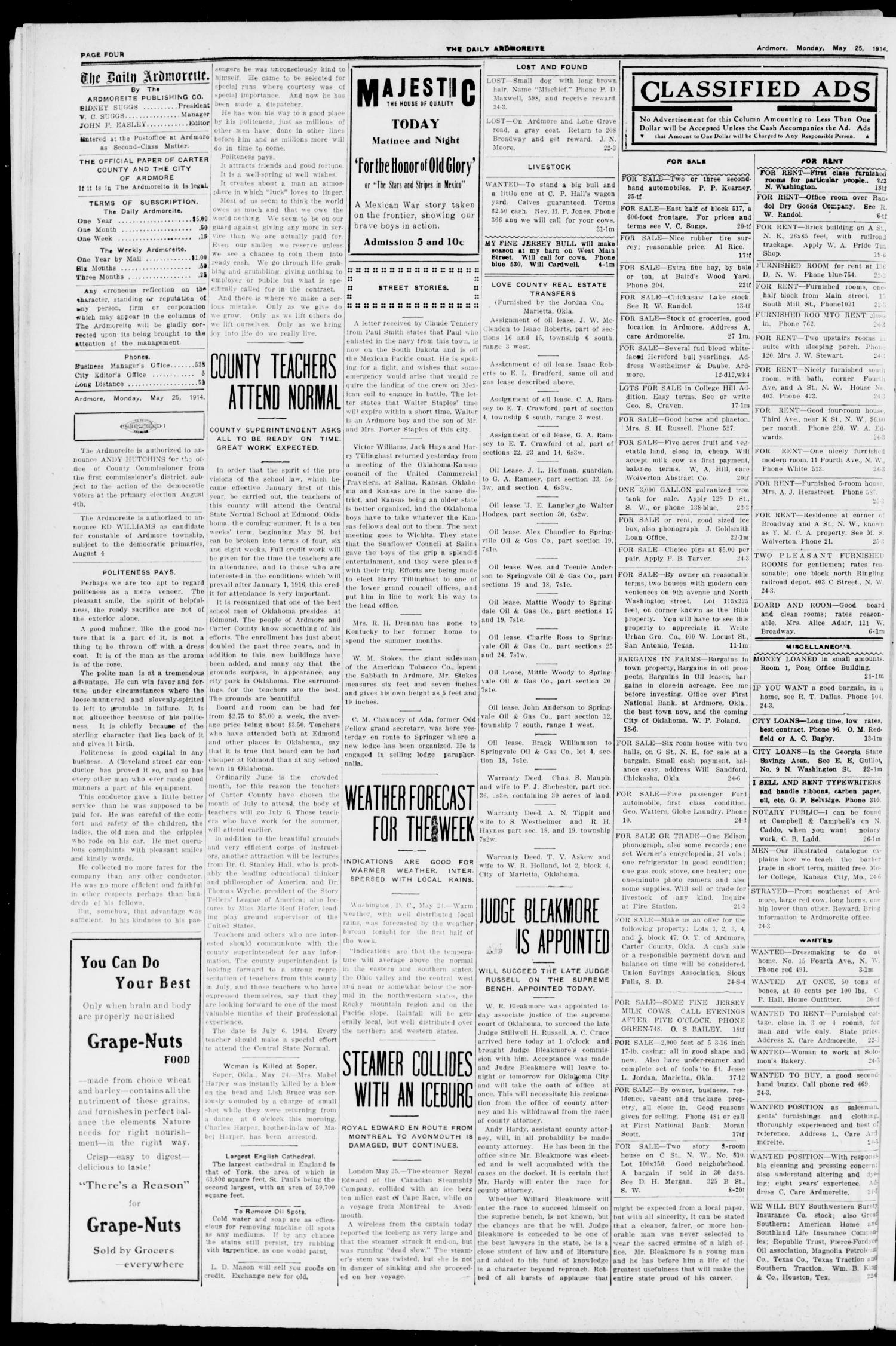 The Daily Ardmoreite. (Ardmore, Okla.), Vol. 20, No. 195, Ed. 1 Monday, May 25, 1914
                                                
                                                    [Sequence #]: 4 of 8
                                                