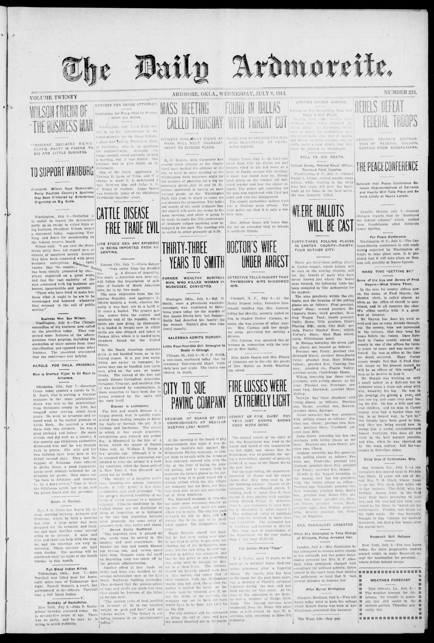The Daily Ardmoreite. (Ardmore, Okla.), Vol. 20, No. 233, Ed. 1 Wednesday, July 8, 1914
                                                
                                                    [Sequence #]: 1 of 8
                                                