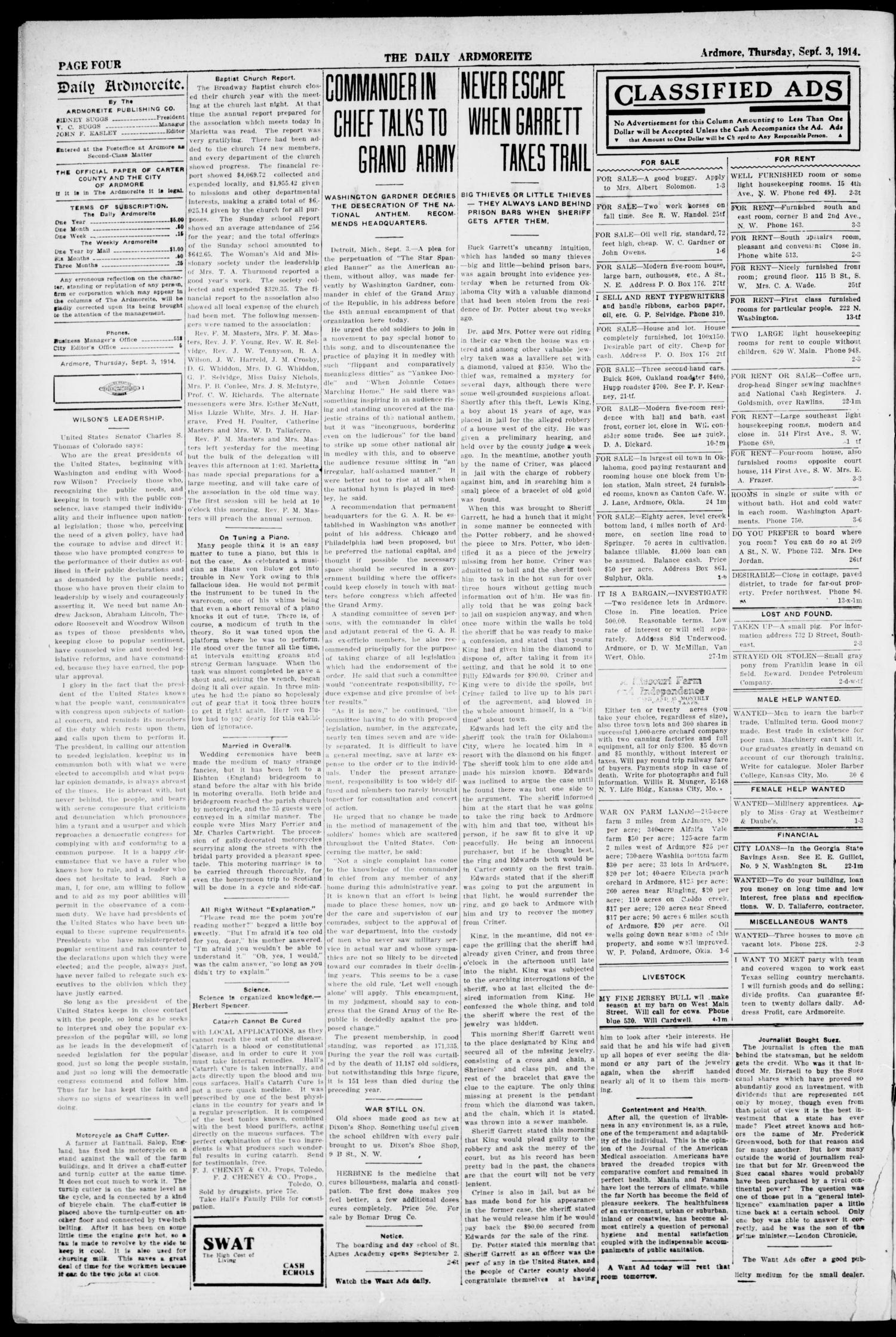 The Daily Ardmoreite. (Ardmore, Okla.), Vol. 20, No. 282, Ed. 1 Thursday, September 3, 1914
                                                
                                                    [Sequence #]: 4 of 8
                                                