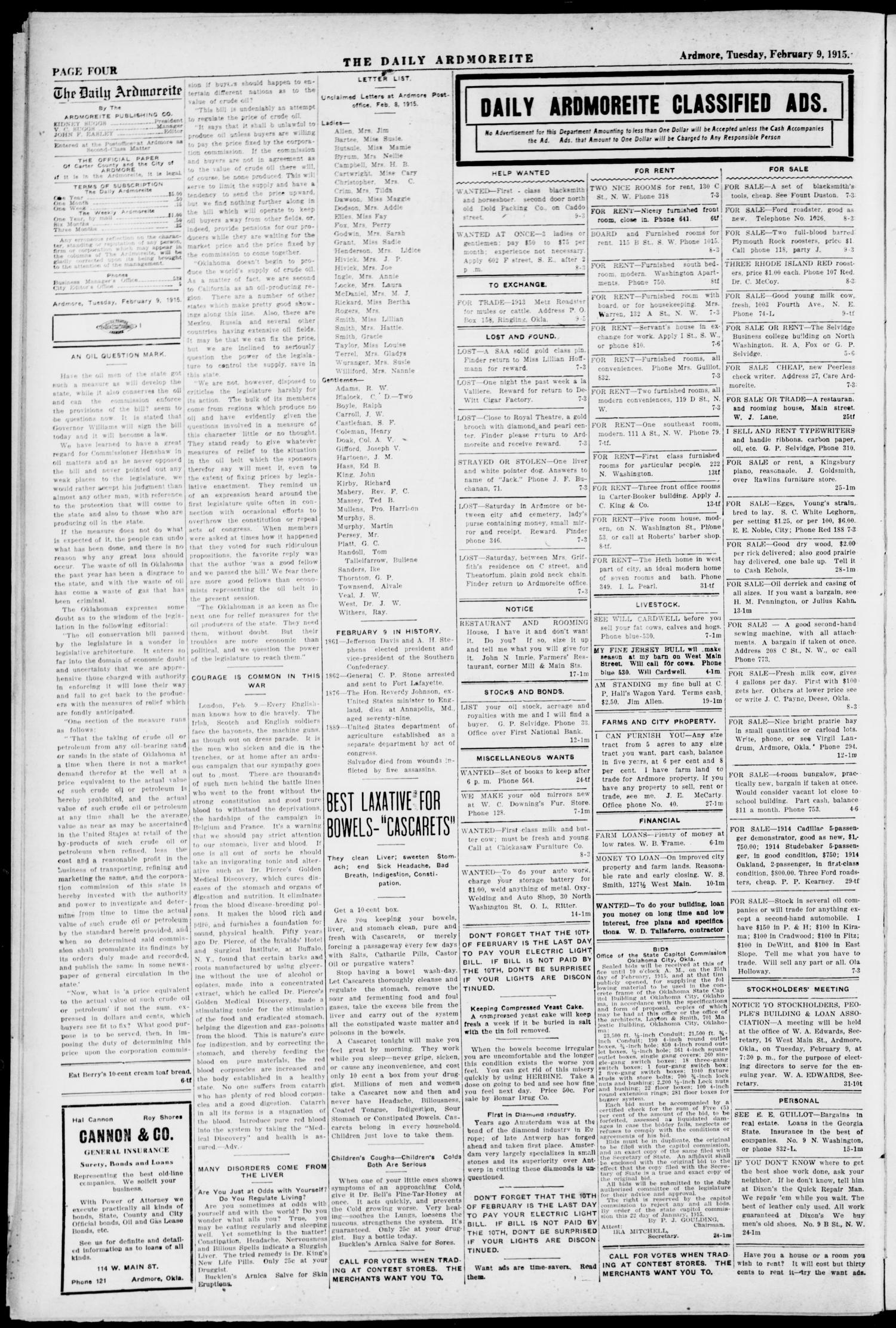 The Daily Ardmoreite. (Ardmore, Okla.), Vol. 21, No. 107, Ed. 1 Tuesday, February 9, 1915
                                                
                                                    [Sequence #]: 4 of 8
                                                
