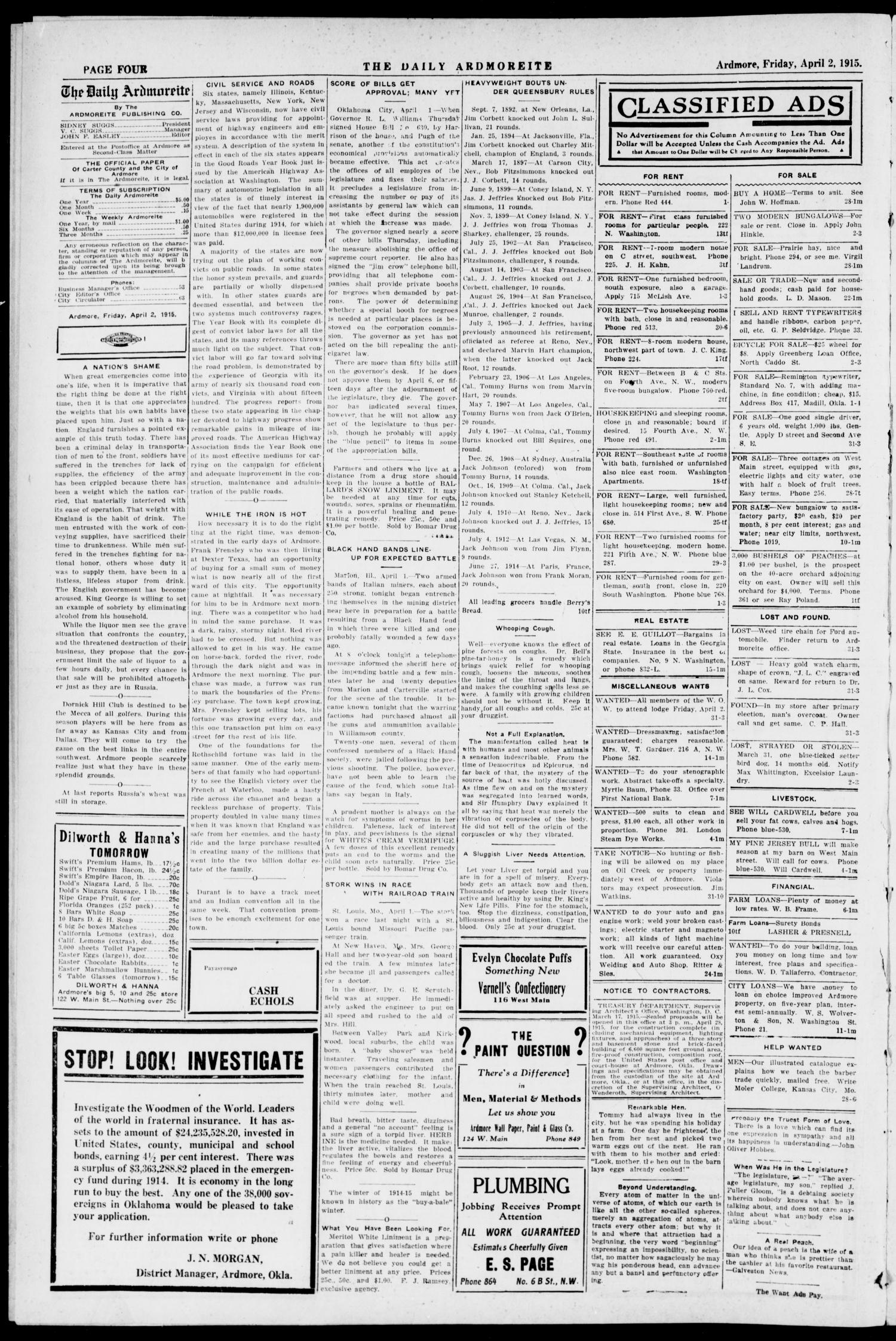 The Daily Ardmoreite. (Ardmore, Okla.), Vol. 21, No. 152, Ed. 1 Friday, April 2, 1915
                                                
                                                    [Sequence #]: 4 of 8
                                                