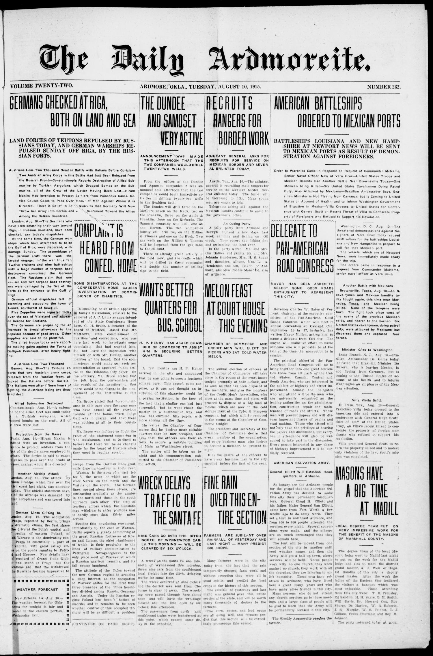 The Daily Ardmoreite. (Ardmore, Okla.), Vol. 22, No. 262, Ed. 1 Tuesday, August 10, 1915
                                                
                                                    [Sequence #]: 1 of 8
                                                