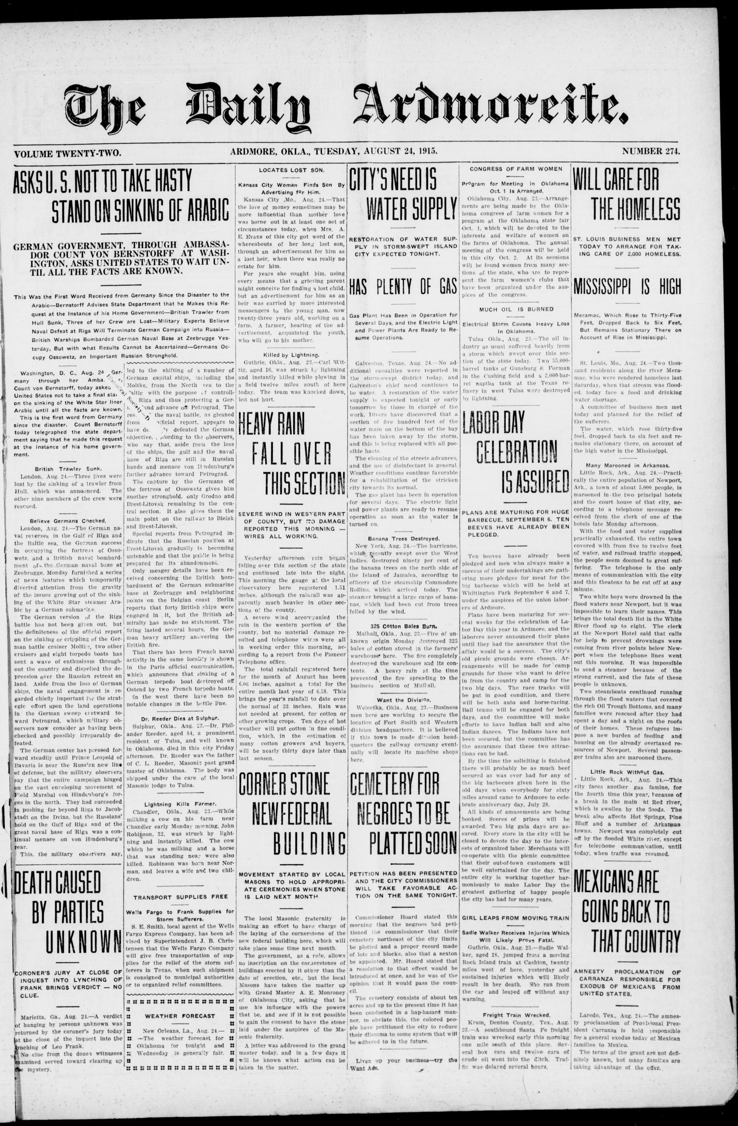 The Daily Ardmoreite. (Ardmore, Okla.), Vol. 22, No. 274, Ed. 1 Tuesday, August 24, 1915
                                                
                                                    [Sequence #]: 1 of 8
                                                