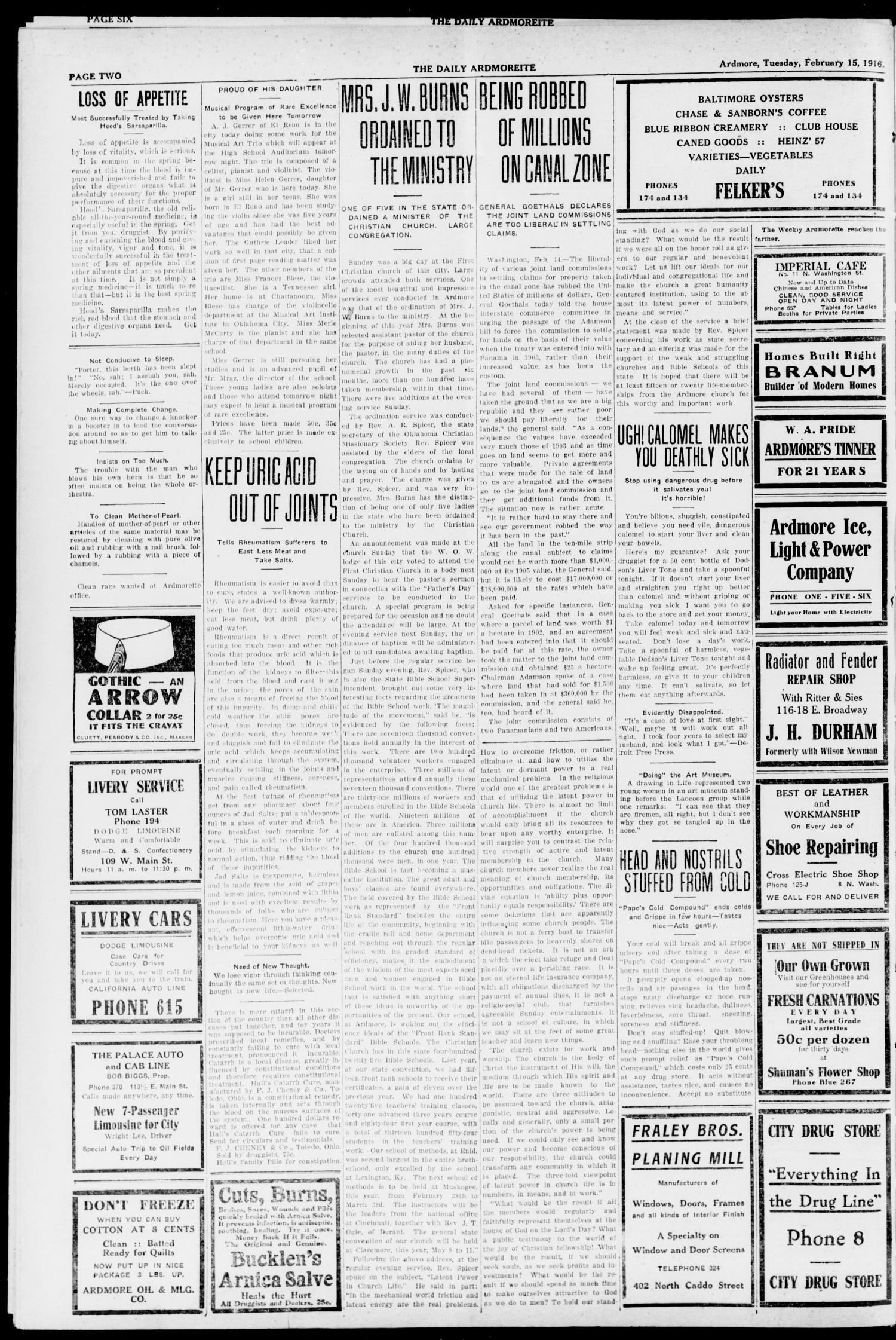 The Daily Ardmoreite. (Ardmore, Okla.), Vol. 23, No. 112, Ed. 1 Tuesday, February 15, 1916
                                                
                                                    [Sequence #]: 2 of 8
                                                