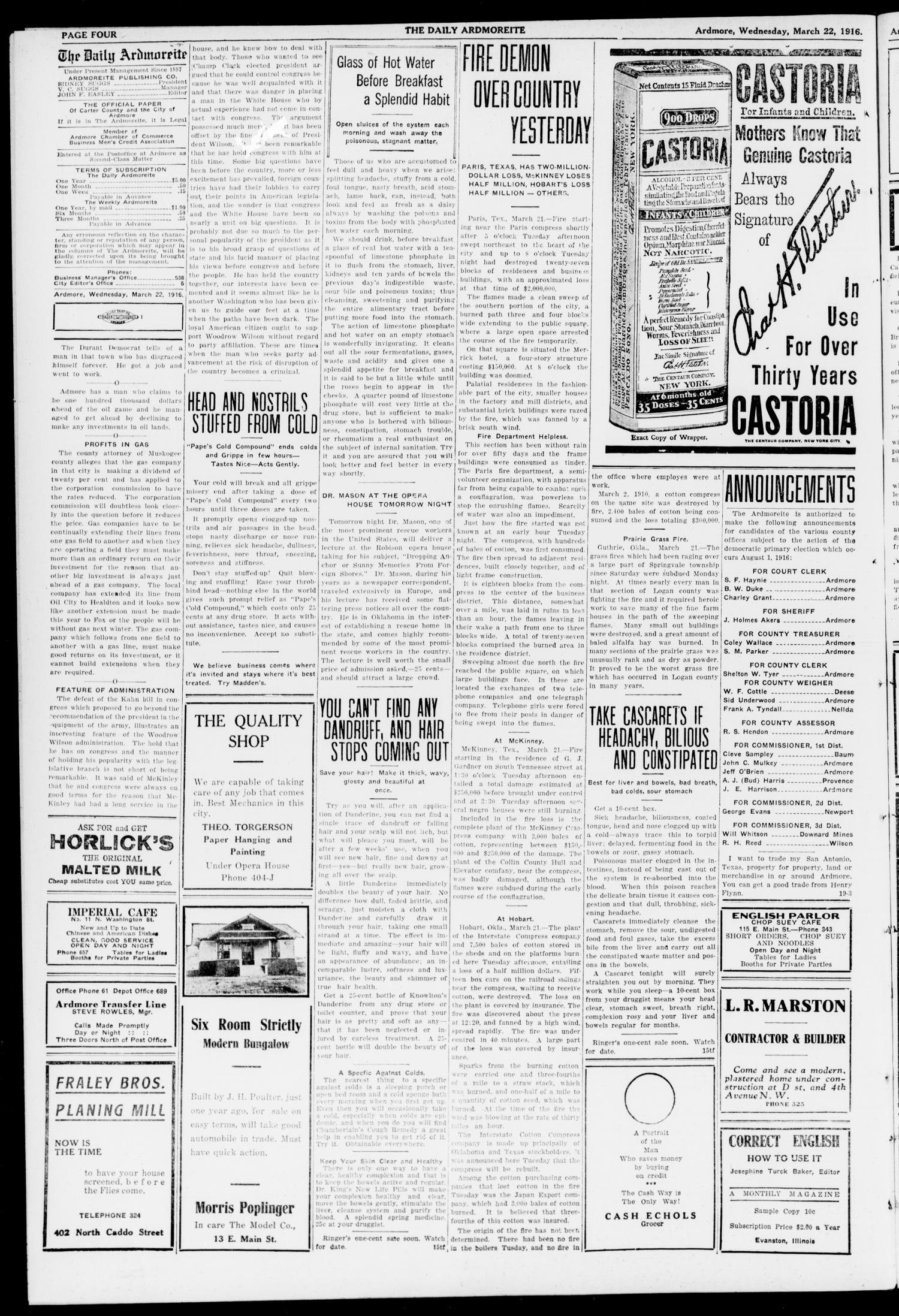 The Daily Ardmoreite. (Ardmore, Okla.), Vol. 23, No. 143, Ed. 1 Wednesday, March 22, 1916
                                                
                                                    [Sequence #]: 4 of 8
                                                