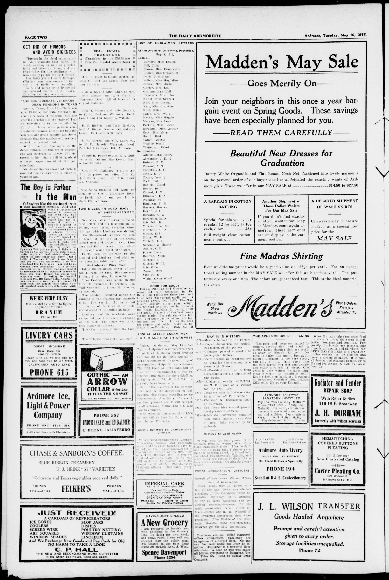 The Daily Ardmoreite. (Ardmore, Okla.), Vol. 23, No. 190, Ed. 1 Tuesday, May 16, 1916
                                                
                                                    [Sequence #]: 2 of 8
                                                
