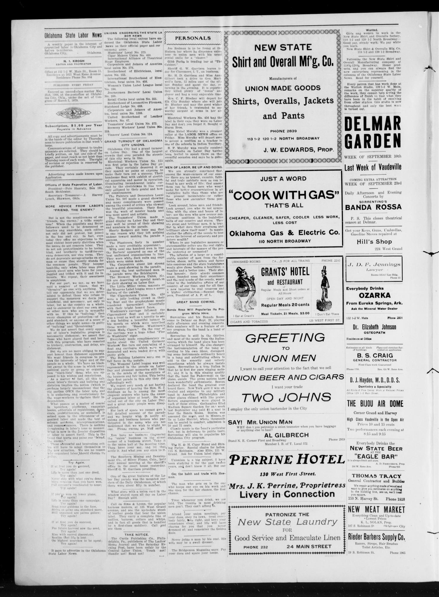 Oklahoma State Labor News (Oklahoma City, Okla.), Vol. 1, No. 19, Ed. 1 Friday, September 7, 1906
                                                
                                                    [Sequence #]: 2 of 4
                                                