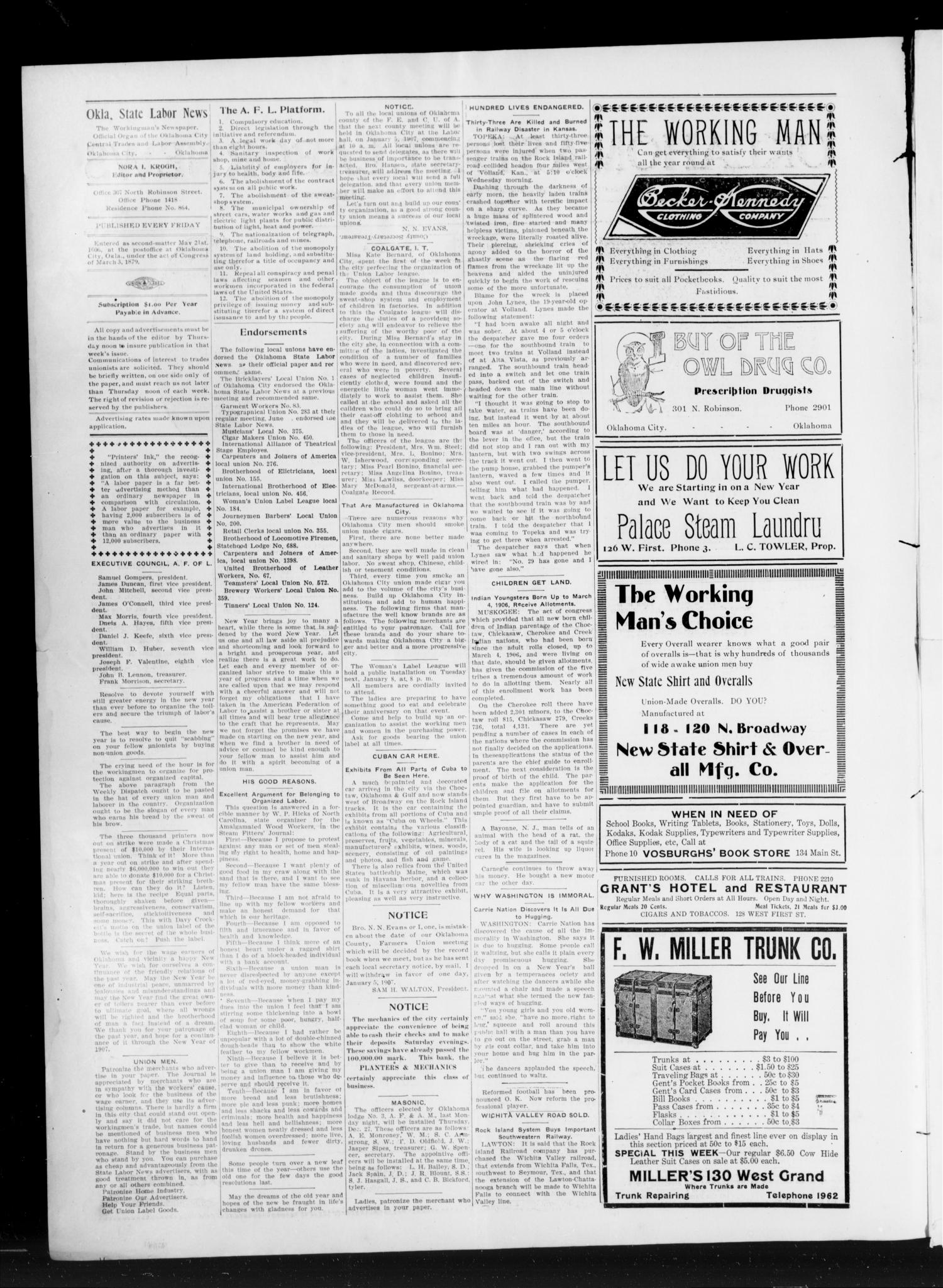 Oklahoma State Labor News (Oklahoma City, Okla.), Vol. 1, No. 36, Ed. 1 Friday, January 4, 1907
                                                
                                                    [Sequence #]: 4 of 4
                                                