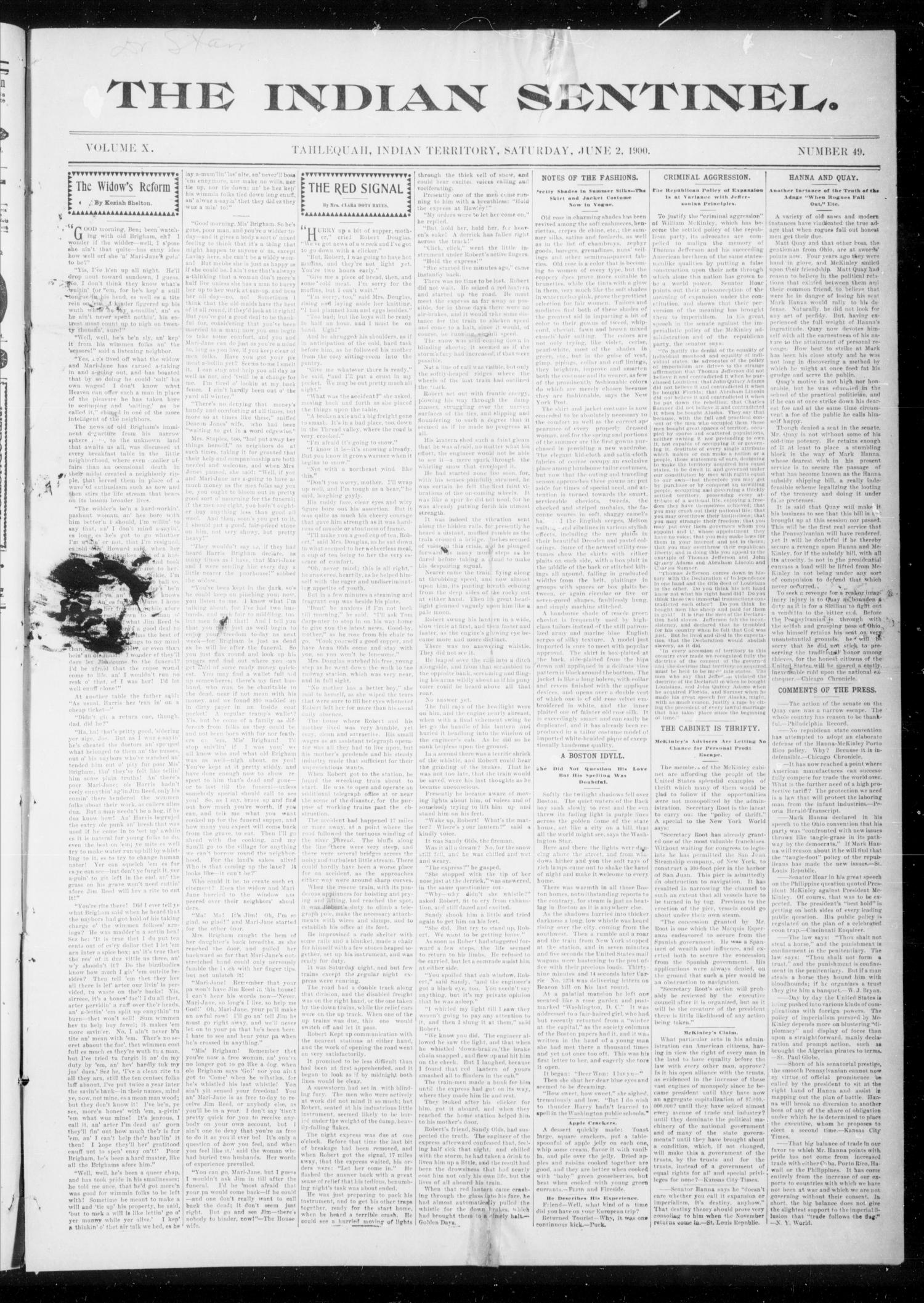 The Indian Sentinel. (Tahlequah, Indian Terr.), Vol. 10, No. 49, Ed. 1 Saturday, June 2, 1900
                                                
                                                    [Sequence #]: 1 of 4
                                                