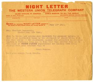 Telegraph from Theodore Roosevelt to Frank Frantz
