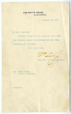 Primary view of object titled 'Letter from William Loebf, Secretary to the President to Frank Frantz'.