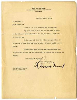 Letter to Captain Frank Frantz from the War Department