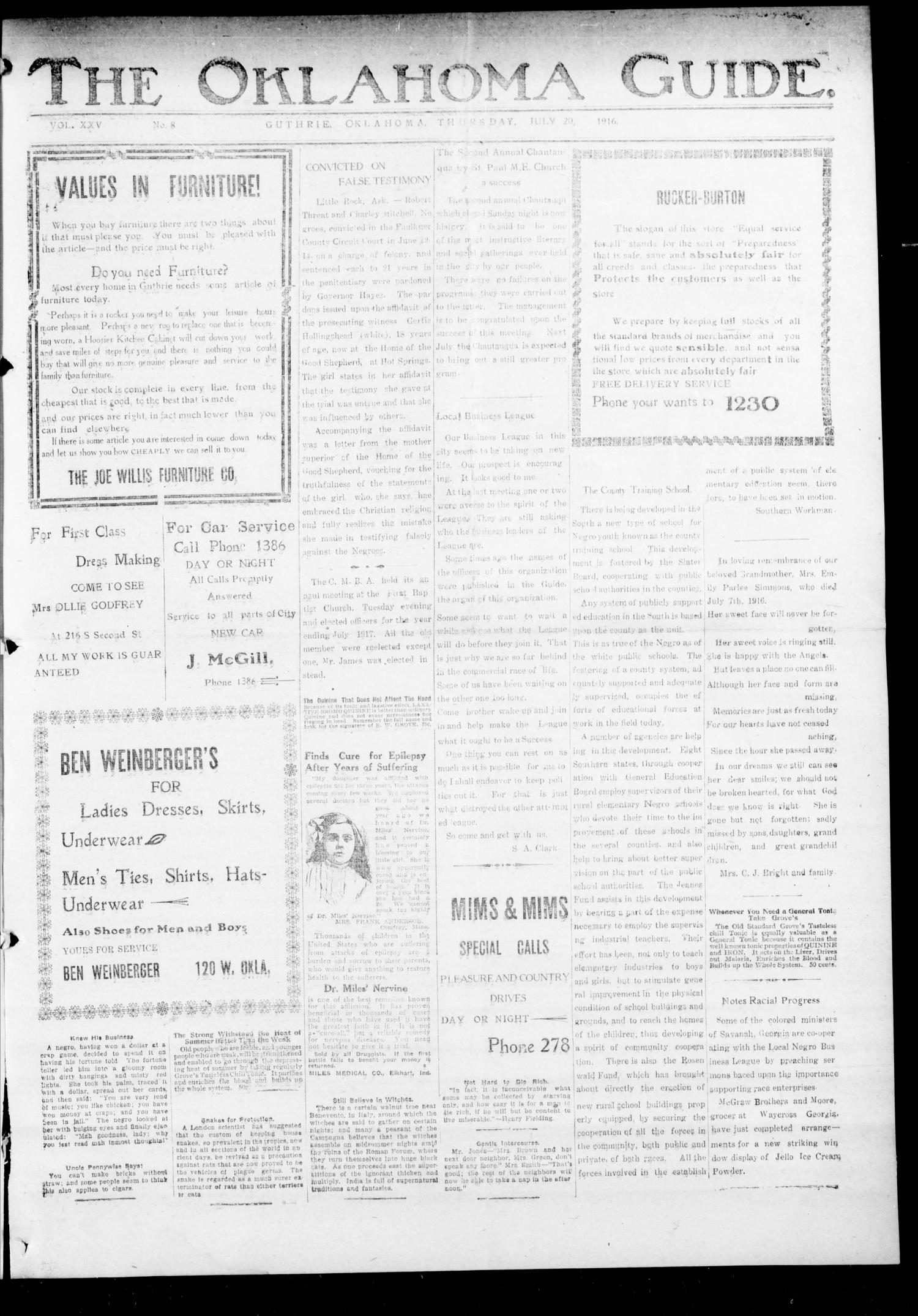 The Oklahoma Guide. (Guthrie, Okla.), Vol. 25, No. 8, Ed. 1 Thursday, July 20, 1916
                                                
                                                    [Sequence #]: 1 of 4
                                                