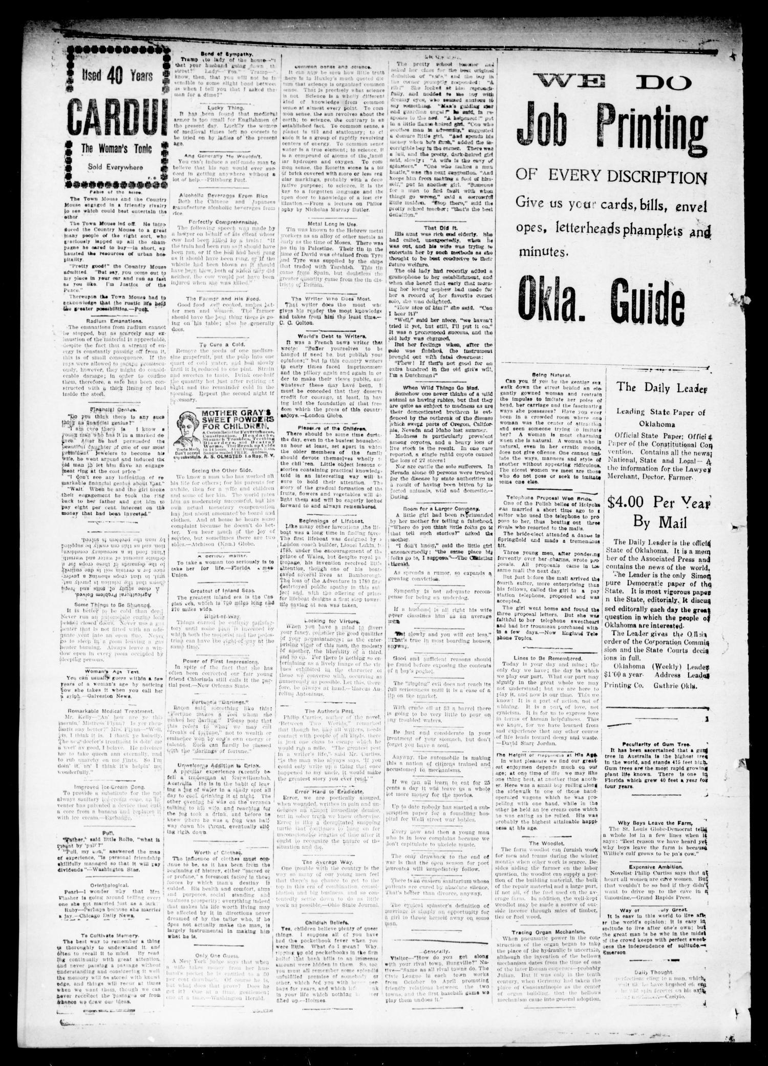 The Oklahoma Guide. (Guthrie, Okla.), Vol. 26, No. 21, Ed. 1 Thursday, October 25, 1917
                                                
                                                    [Sequence #]: 4 of 4
                                                