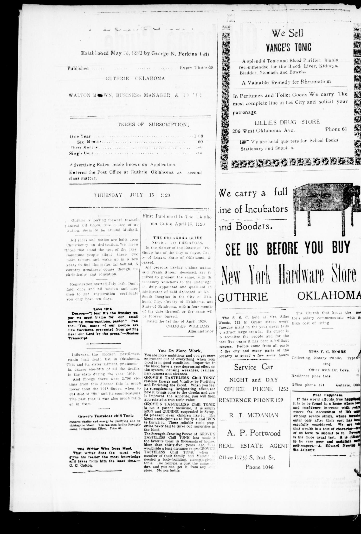 The Oklahoma Guide (Guthrie, Okla.), Vol. 30, No. 3, Ed. 1 Thursday, July 15, 1920
                                                
                                                    [Sequence #]: 2 of 4
                                                