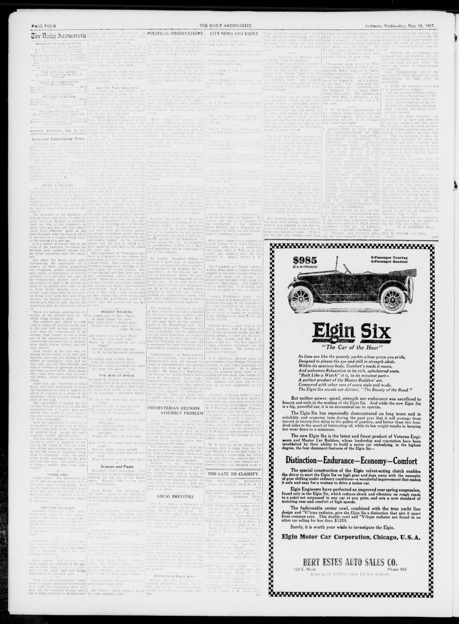 The Daily Ardmoreite. (Ardmore, Okla.), Vol. 24, No. 190, Ed. 1 Wednesday, May 16, 1917
                                                
                                                    [Sequence #]: 4 of 8
                                                