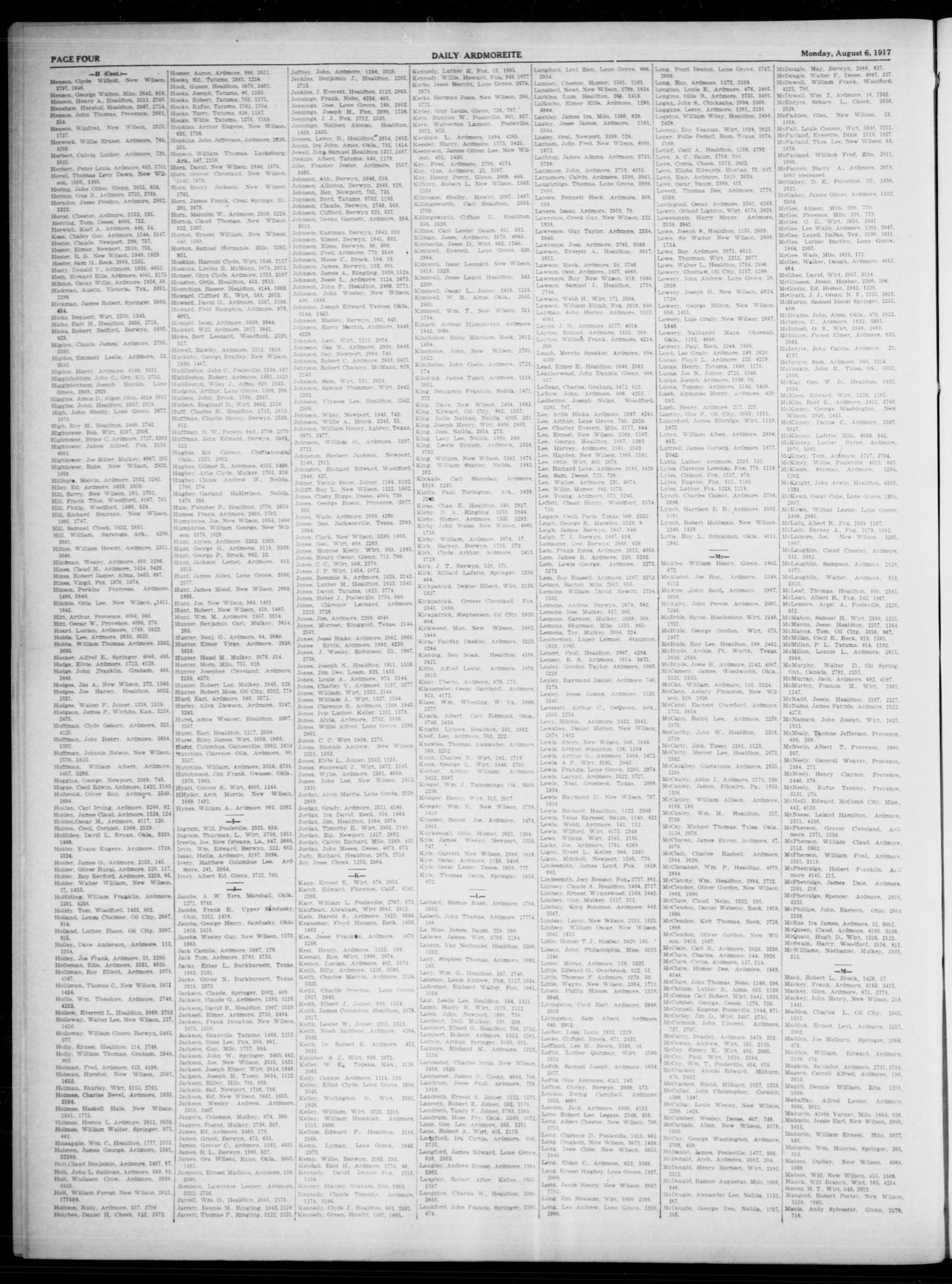 Daily Ardmoreite (Ardmore, Okla.), Vol. 24, No. 269, Ed. 1 Monday, August 6, 1917
                                                
                                                    [Sequence #]: 4 of 10
                                                